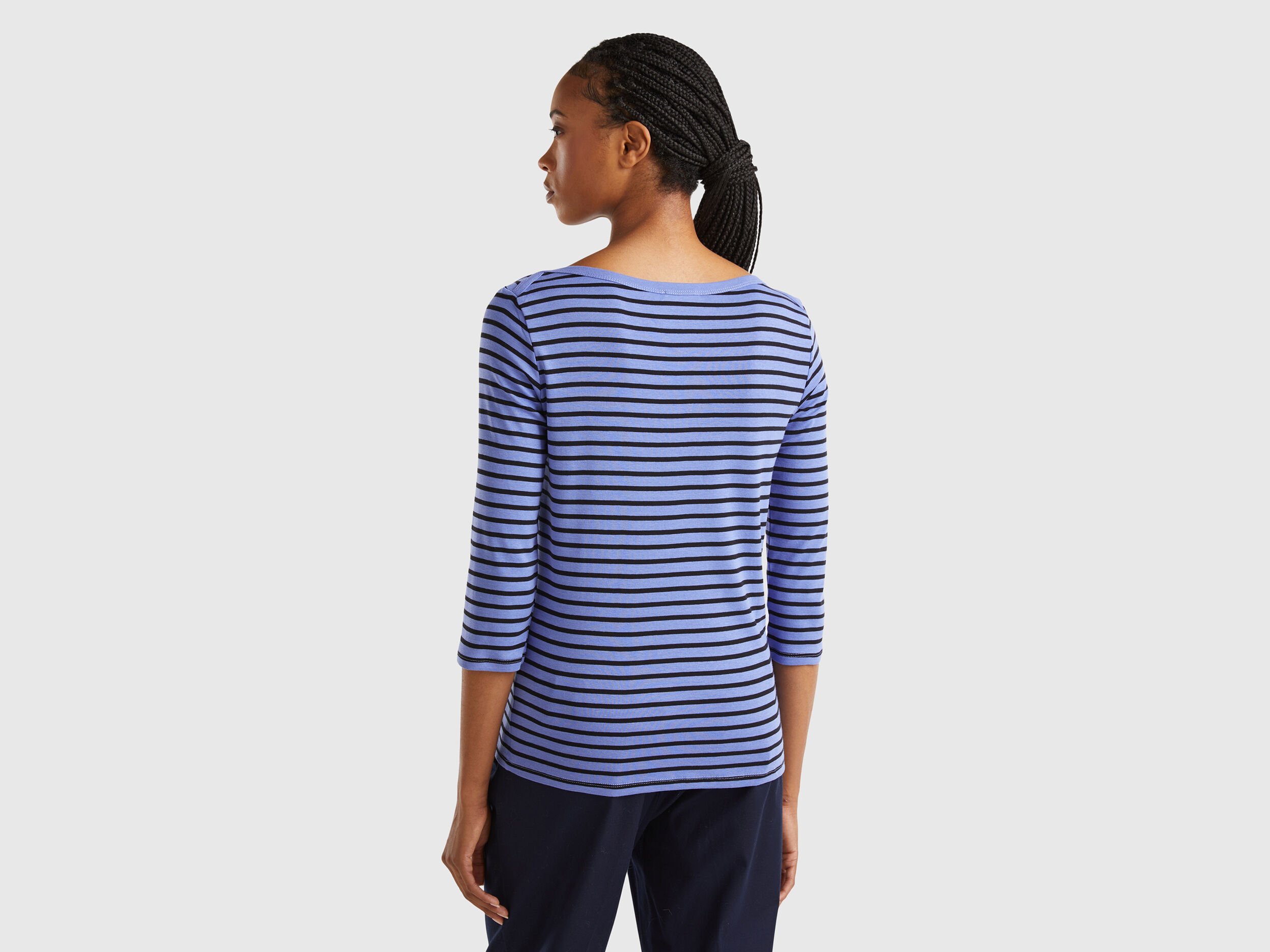 Striped 3/4 sleeve t-shirt in pure cotton - Periwinkle Striped 3/4 sleeve t-shirt in pure cotton - Periwinkle