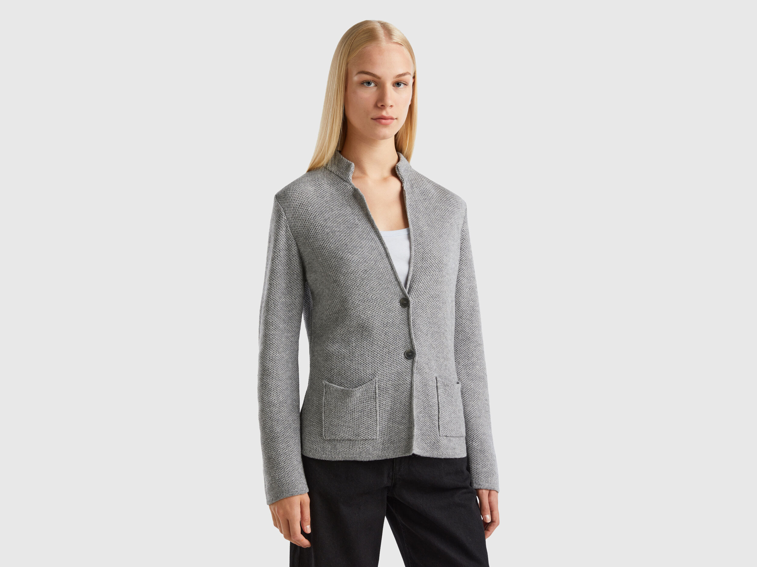 Knit jacket in wool and cashmere blend Gray Benetton