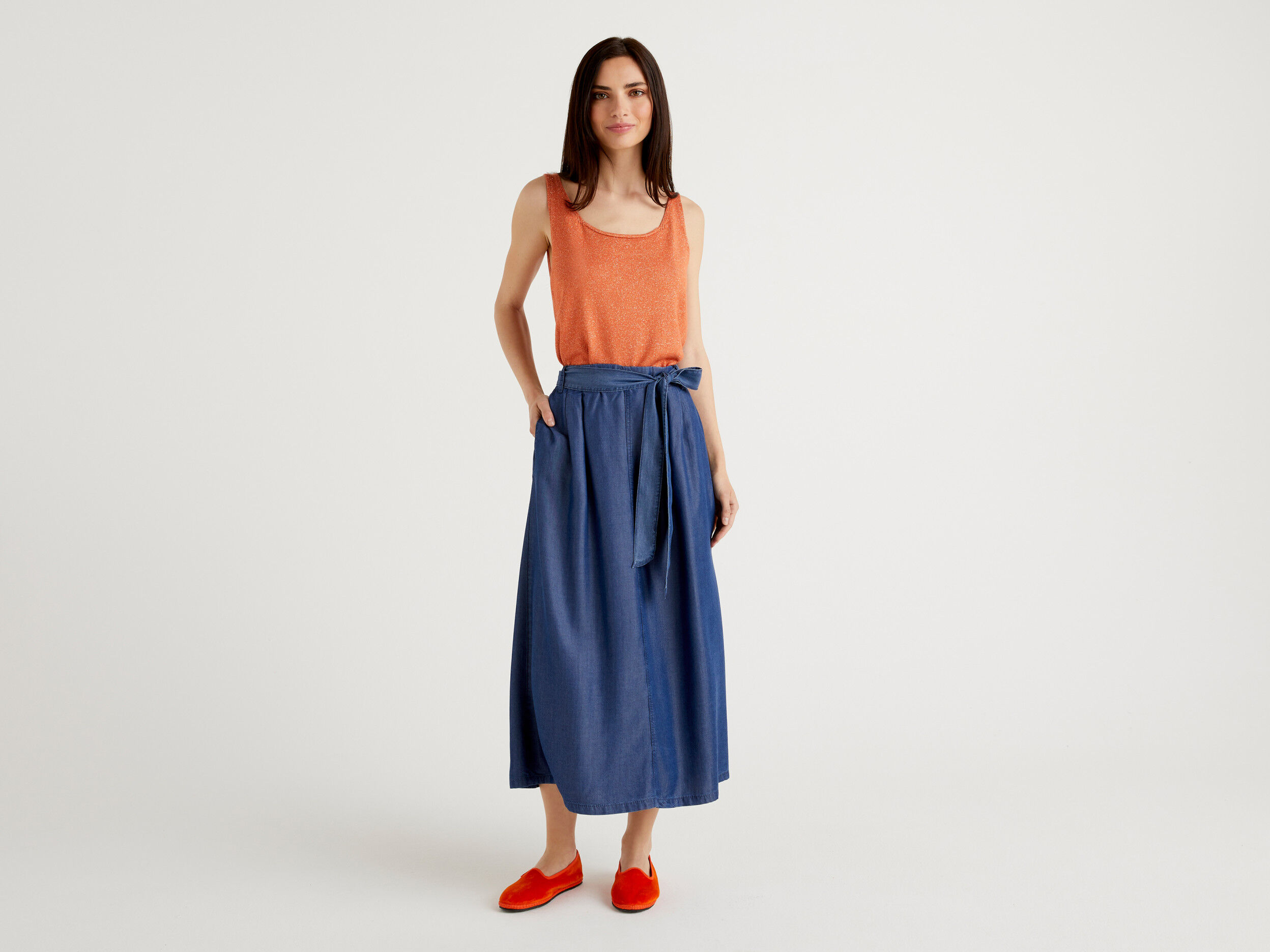 Long skirt with sash Blue Benetton