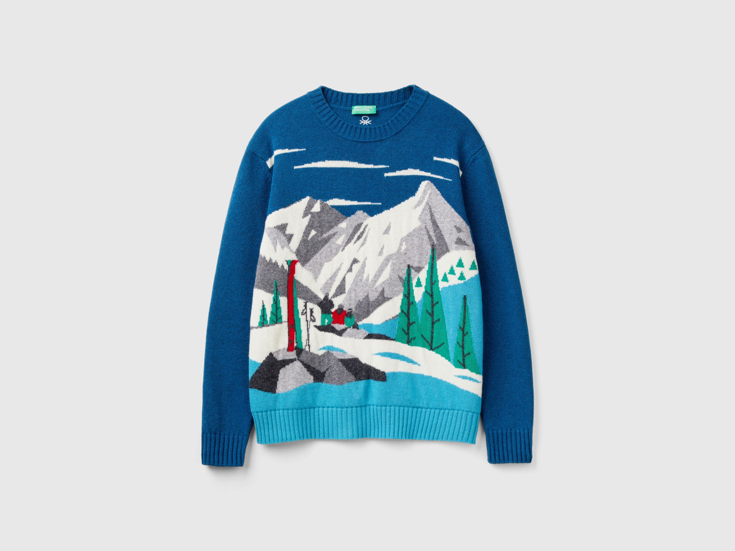 Sweater with ski graphic - Teal | Benetton