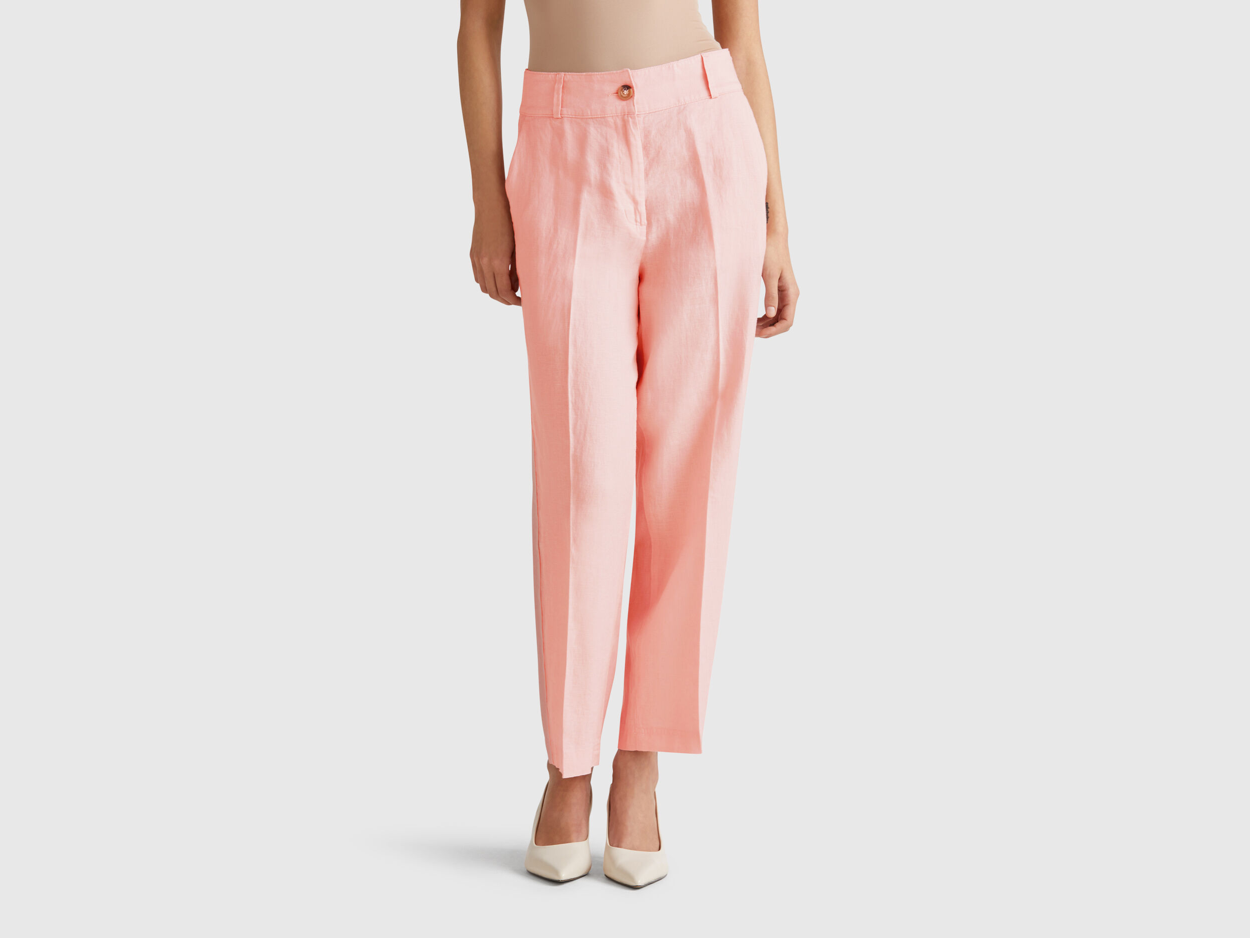 Straight trousers in pure linen - Soft Pink | Benetton