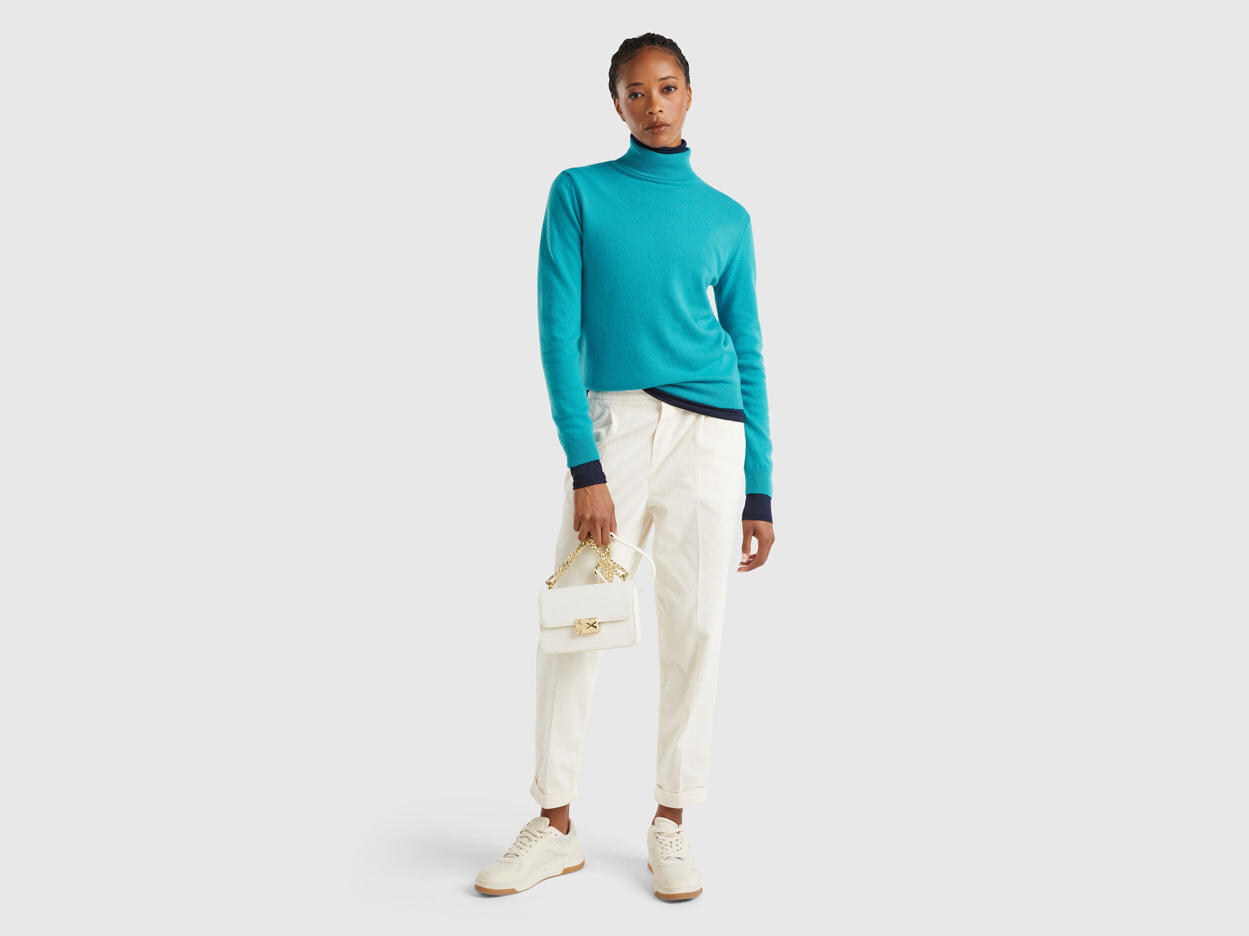 Turquoise turtleneck sweater in pure Merino wool Turquoise Benetton
