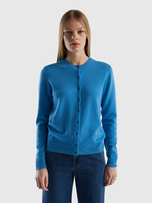 Powder blue crew neck cardigan in pure Merino wool Women
