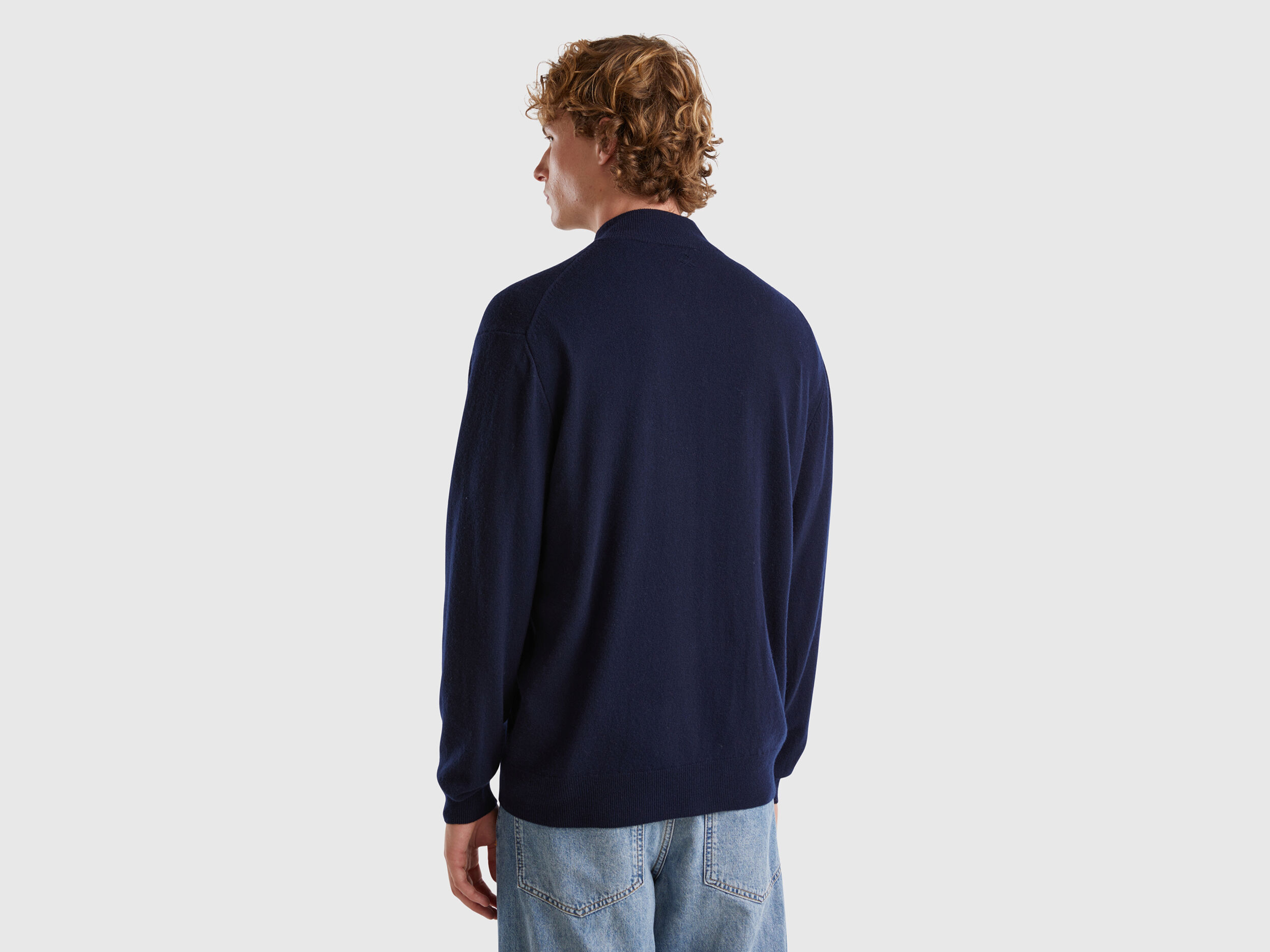 Midnight blue zip-up cardigan in pure Merino wool - Dark