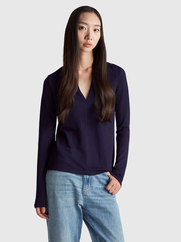 Camiseta de crepé con cuello en V Mujer
