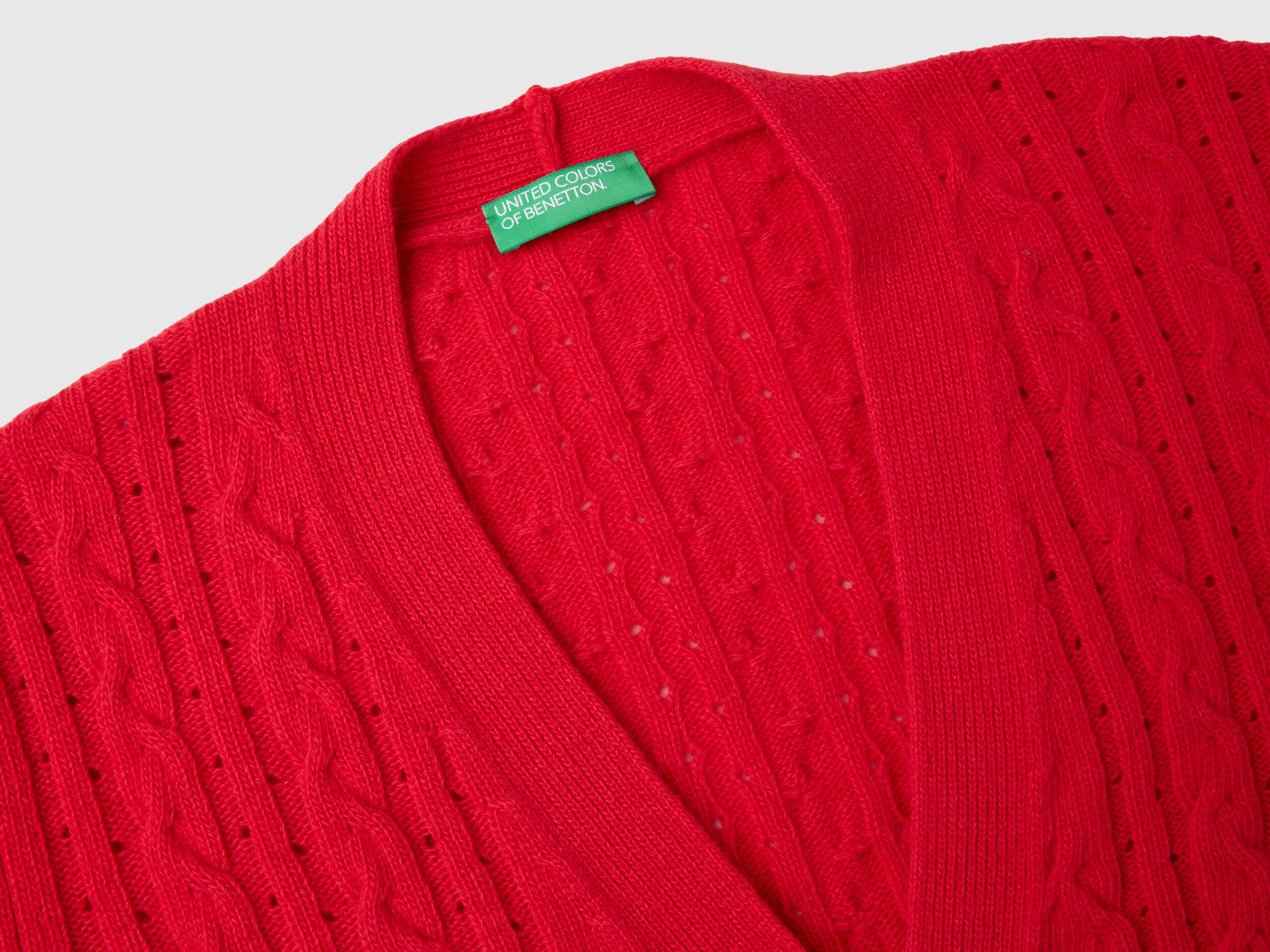 Boxy fit cardigan with cable knit and perforations - Red | Benetton