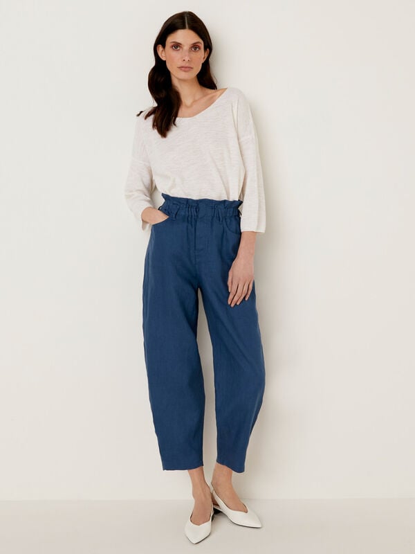 Trousers in pure linen with ruffled waist Women