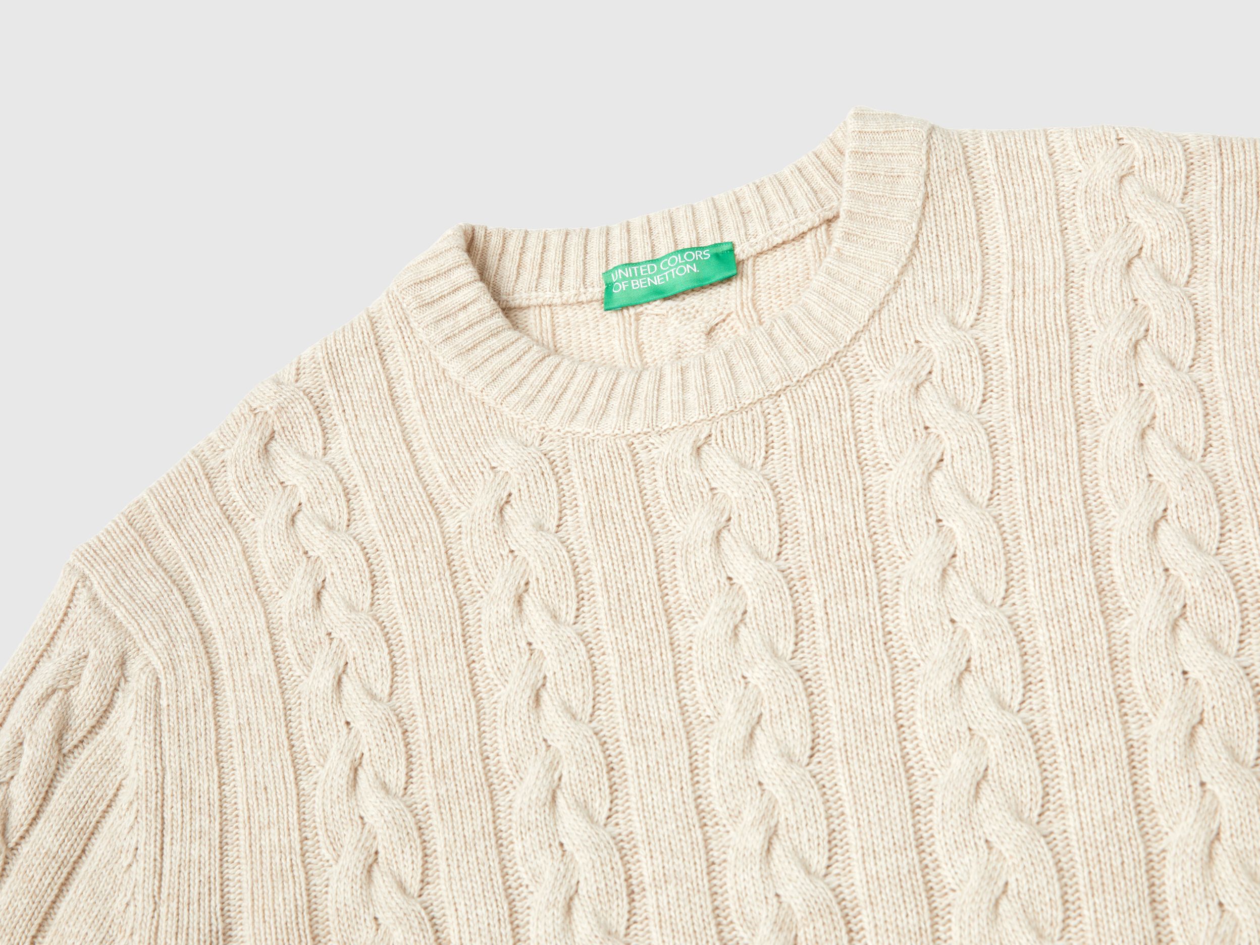 Cable knit sweater in cashmere blend - Creamy White | Benetton