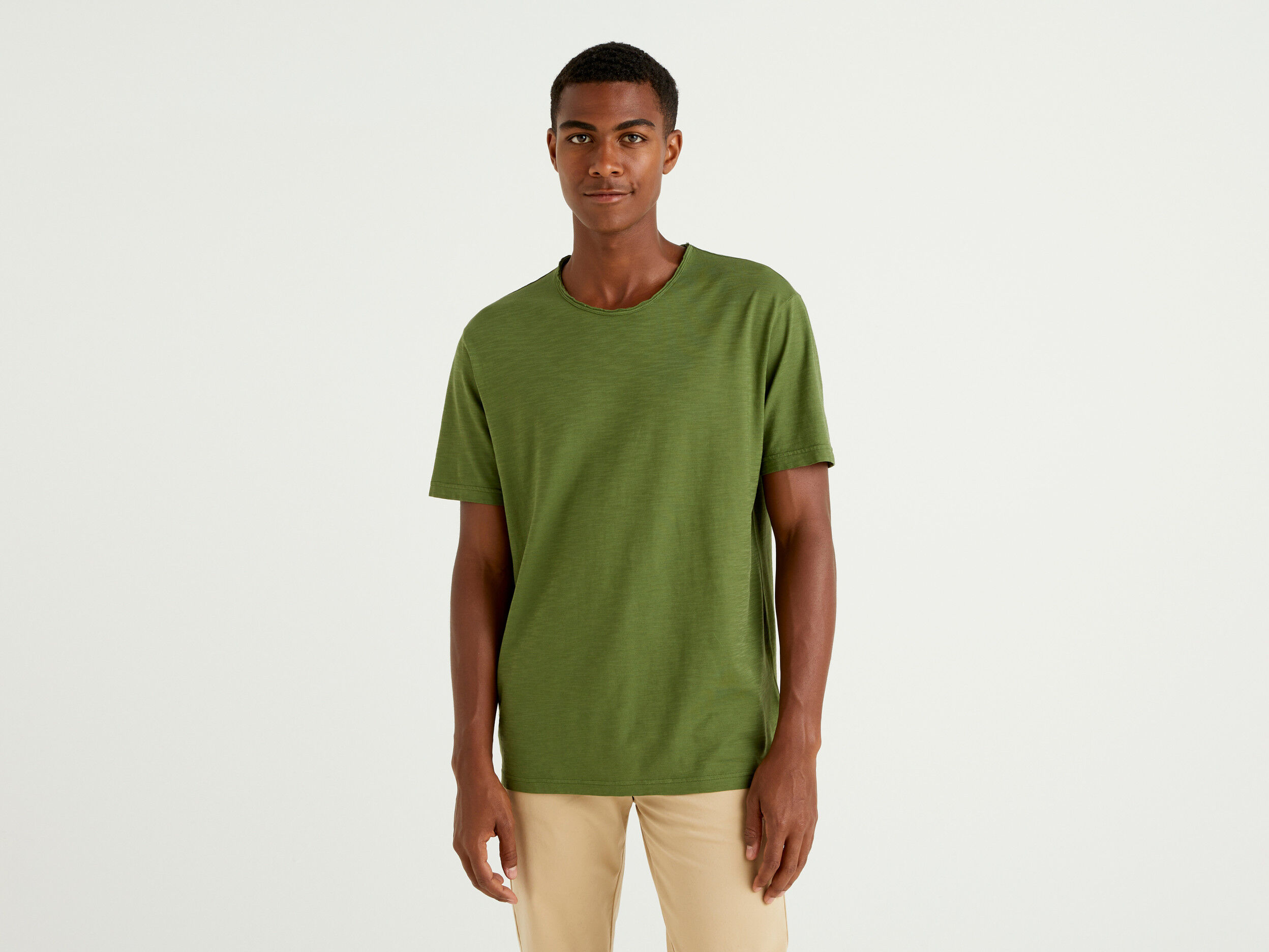 Green t shirt in slub cotton Military Green Benetton