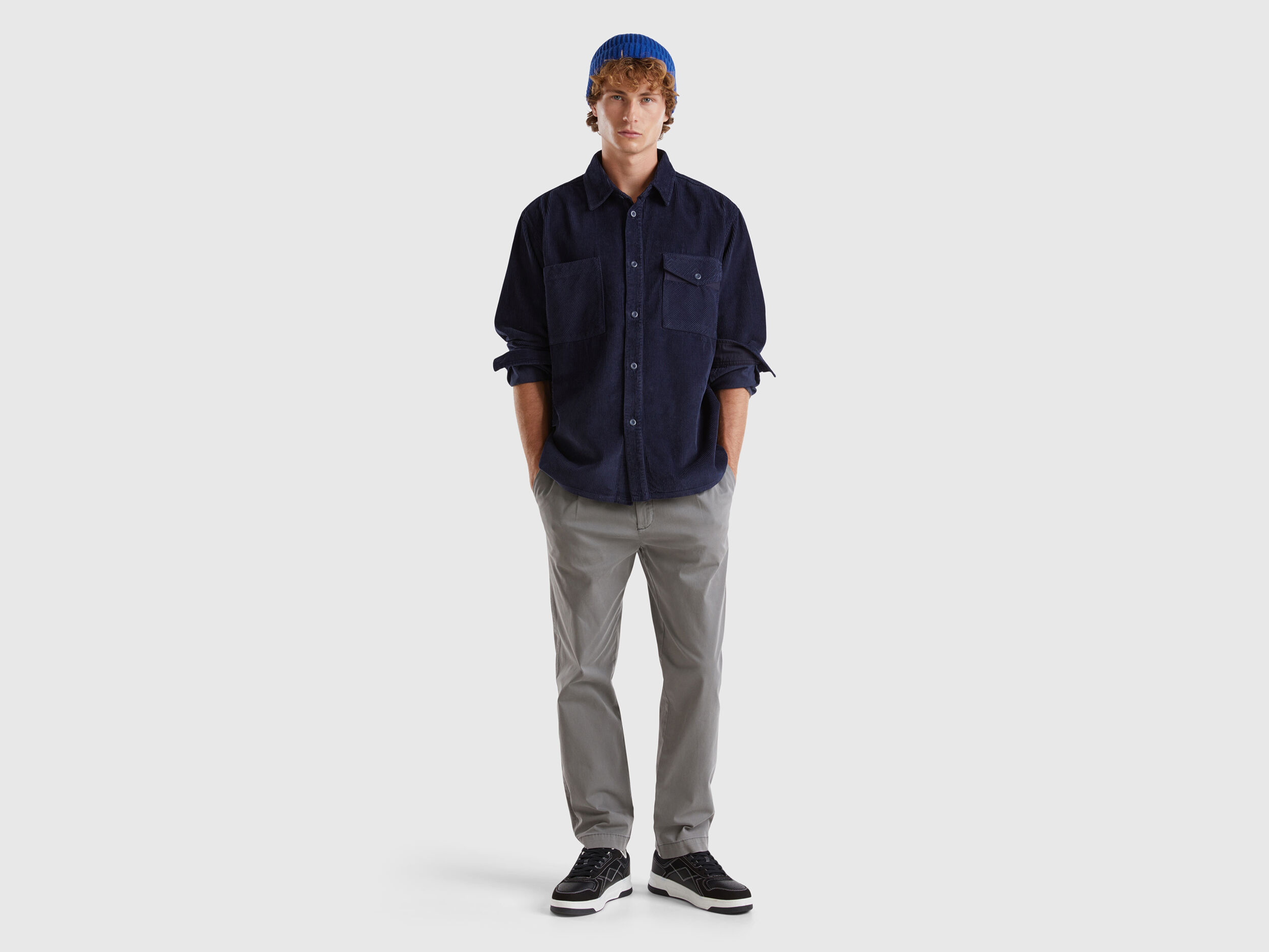 Ribbed velvet shirt - Dark Blue | Benetton