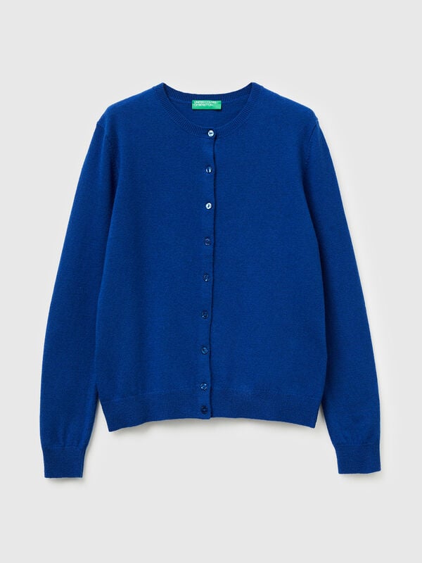 Cárdigan azul de cuello redondo en pura lana merino Cárdigan azul de cuello redondo en pura lana merino Mujer