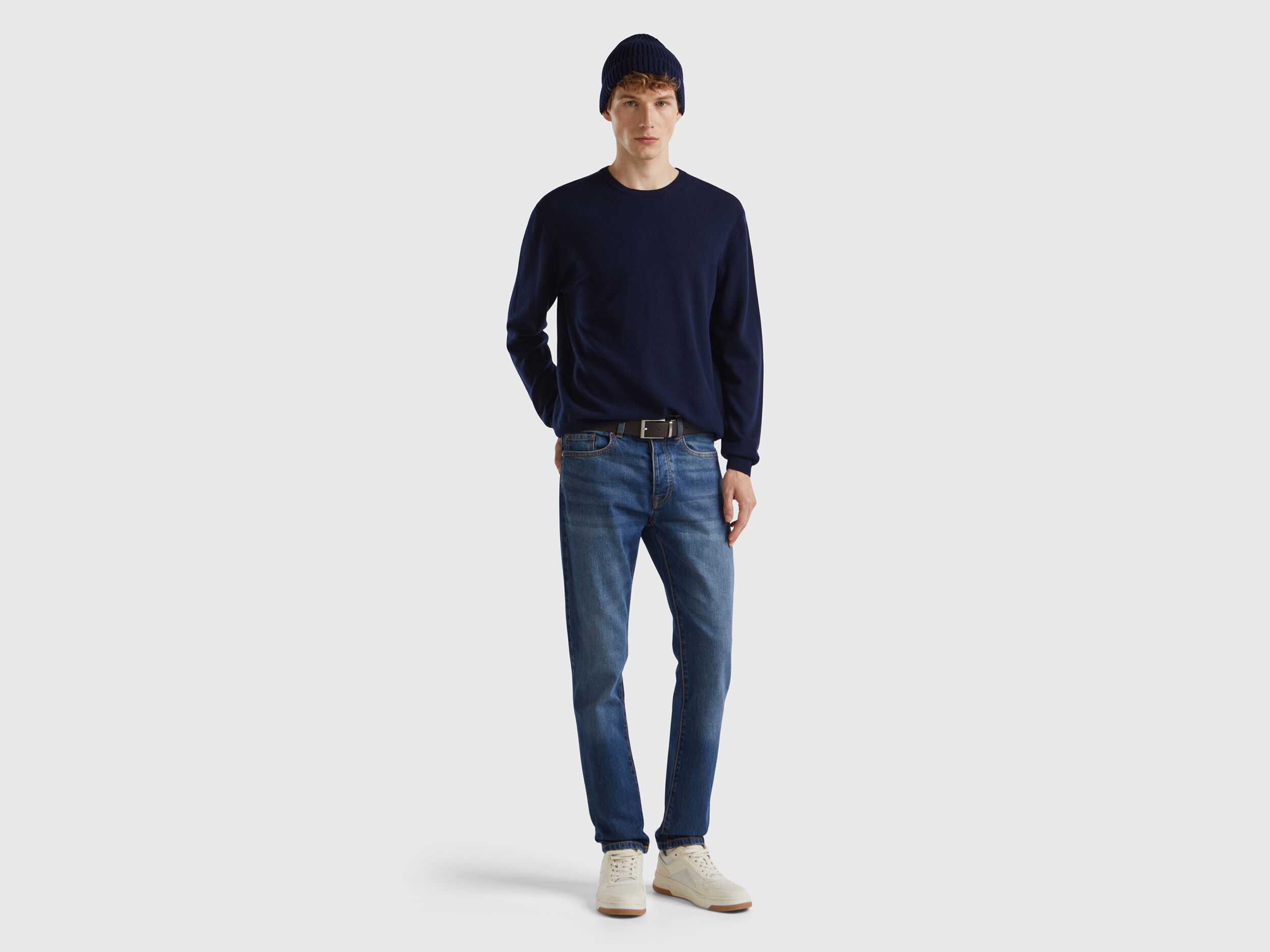 Dark blue crew neck sweater in pure Merino wool Dark Blue Benetton