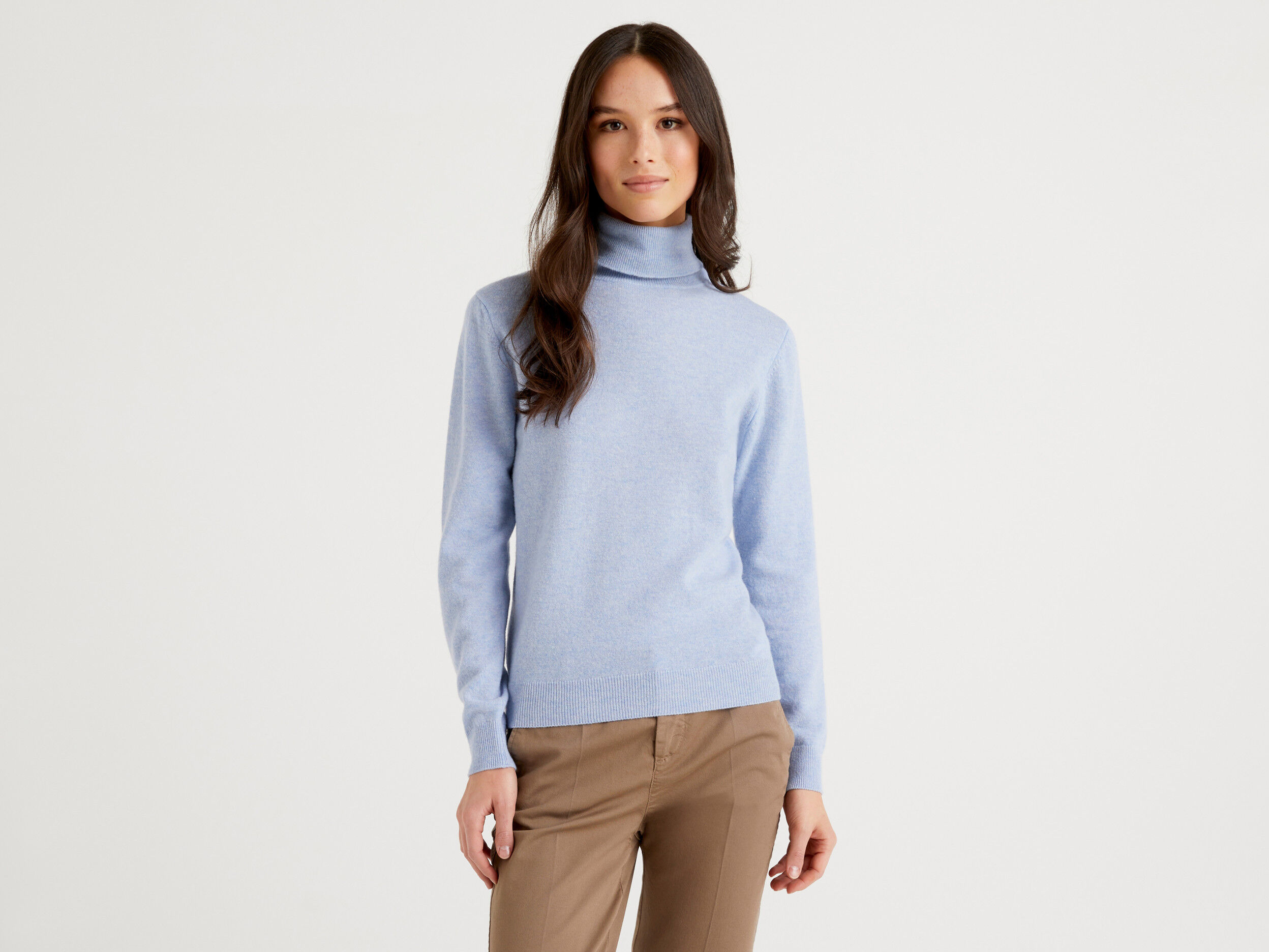 Sky blue turtleneck sweater in pure Merino wool - Sky Blue | Benetton
