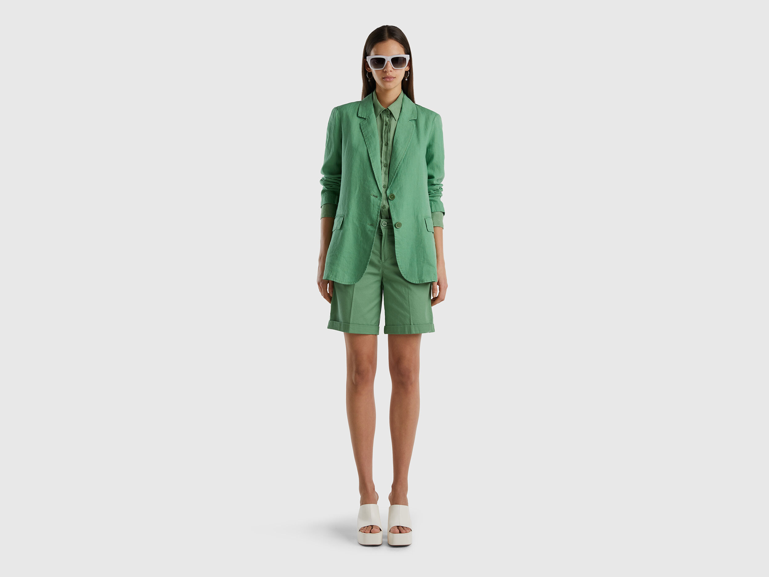 Blazer in pure linen Green Benetton