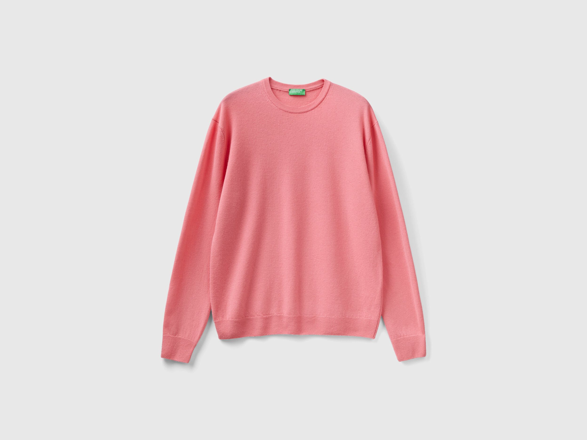 Salmon pink crew neck sweater in pure Merino wool Salmon Benetton