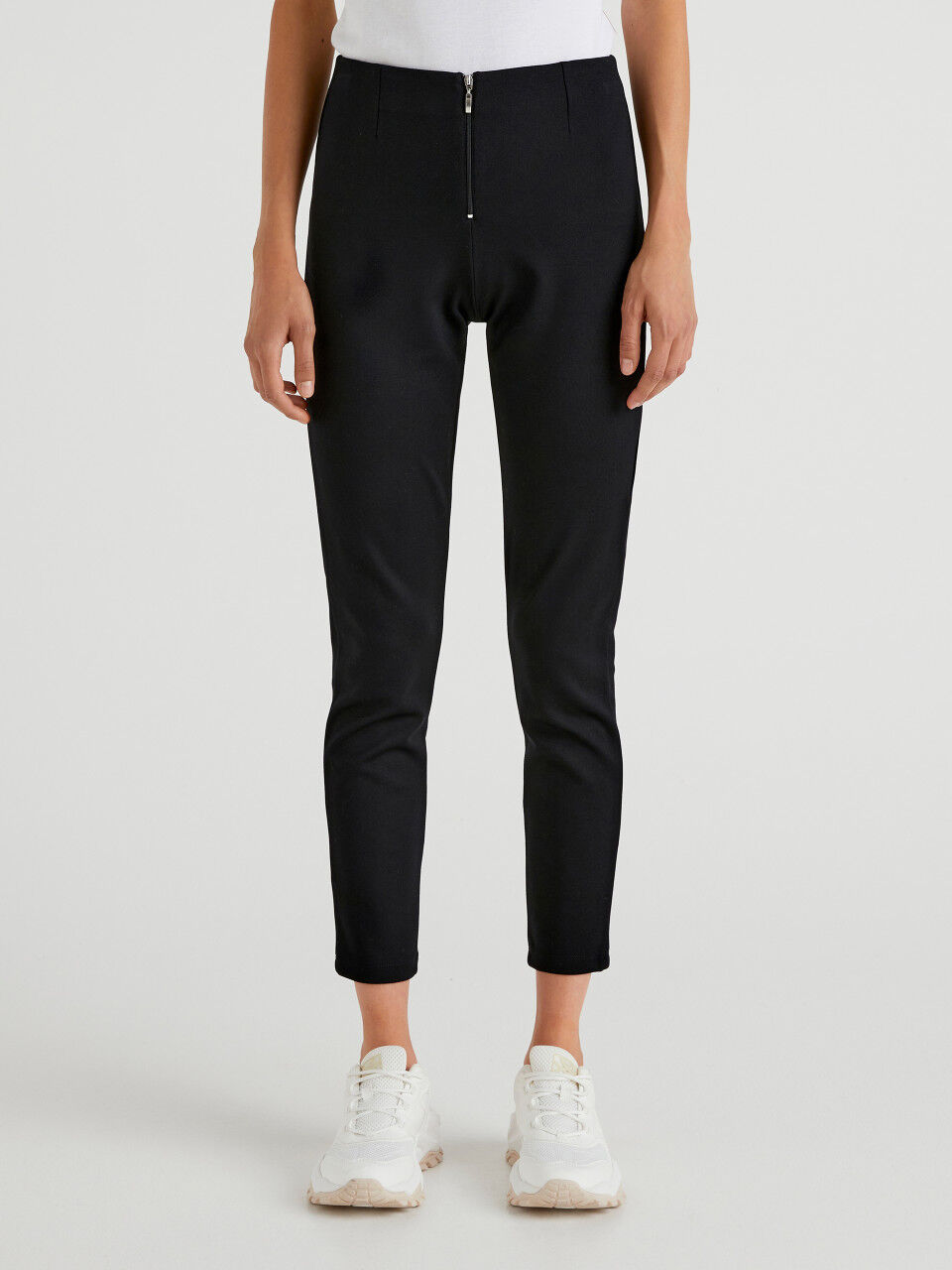 Black zip-pocket straight trousers