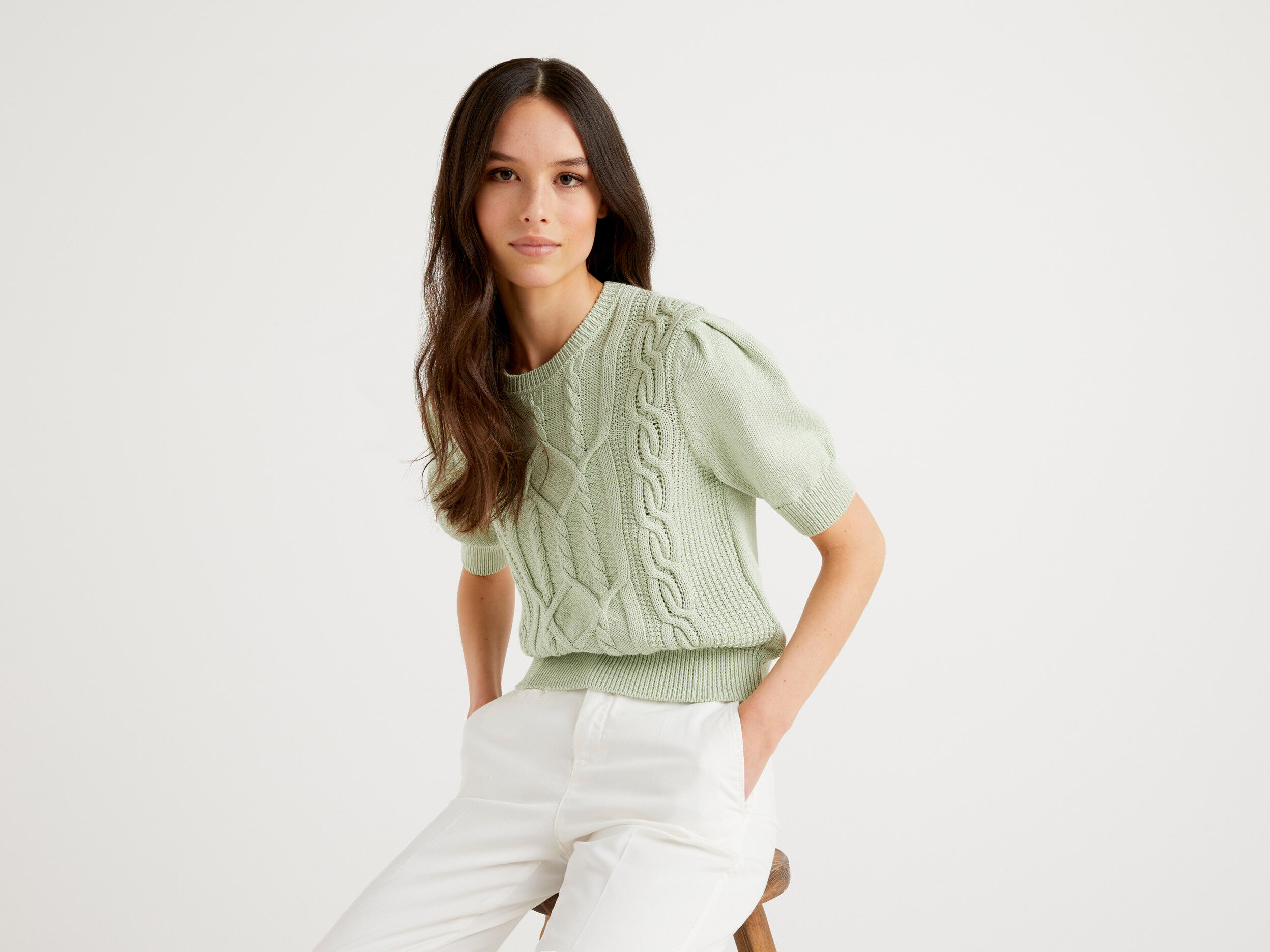 Short sleeve sweater with braids Light Green Benetton