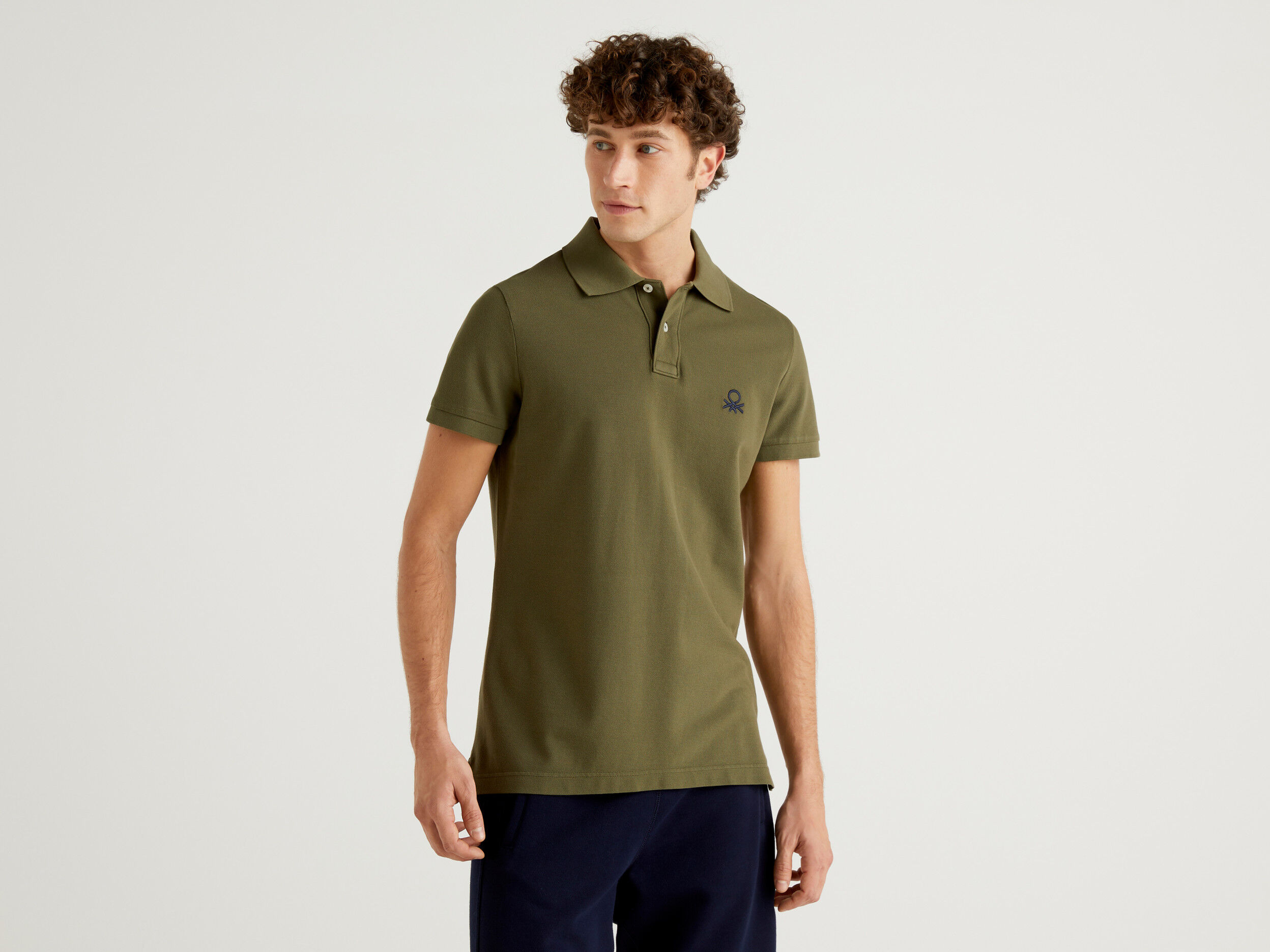 Military green slim fit polo Military Green Benetton
