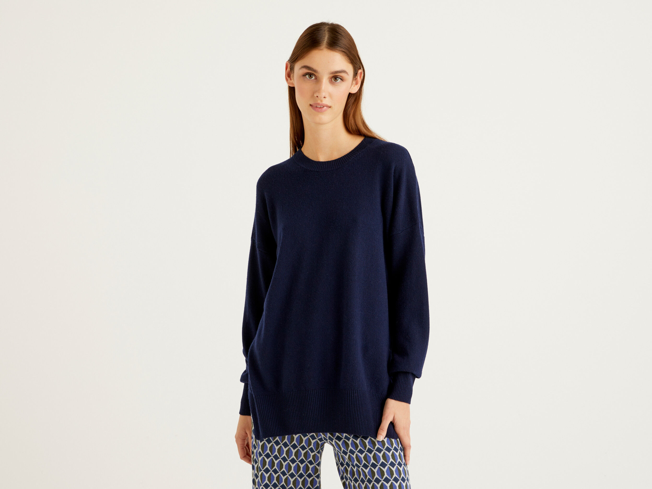 Oversized sweater with slits Dark Blue Benetton
