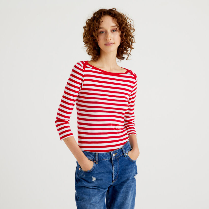 Striped 3/4 sleeve t-shirt in pure cotton