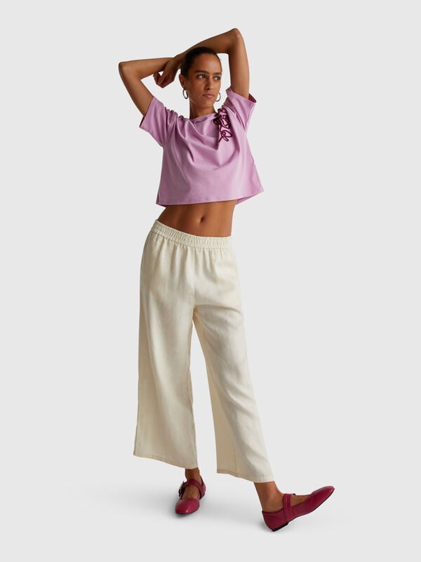 Pantalón ancho de lino puro Mujer