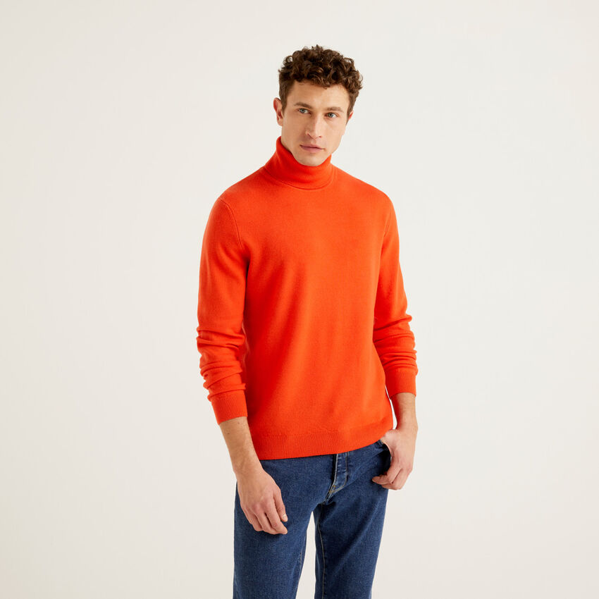 Orange turtleneck in pure Merino wool