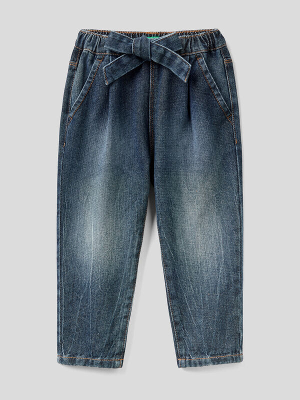 New Korean boys and girls' high waist jeans children's buttons long pants  children's elastic belt lower garment 210331