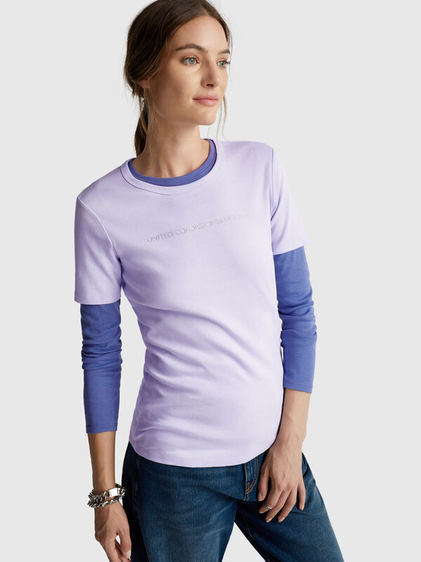 Camiseta 100% algodón con estampado de logotipo con purpurina. Mujer