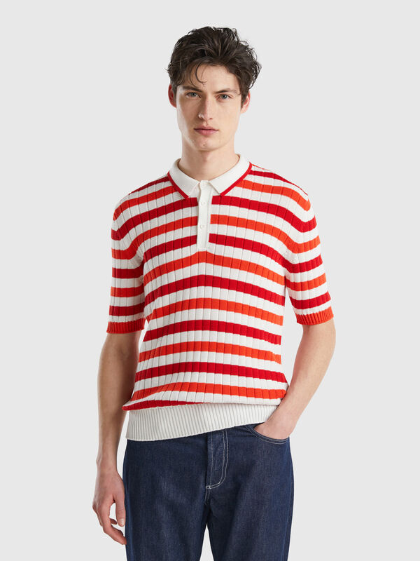 Red and white striped knit polo Men