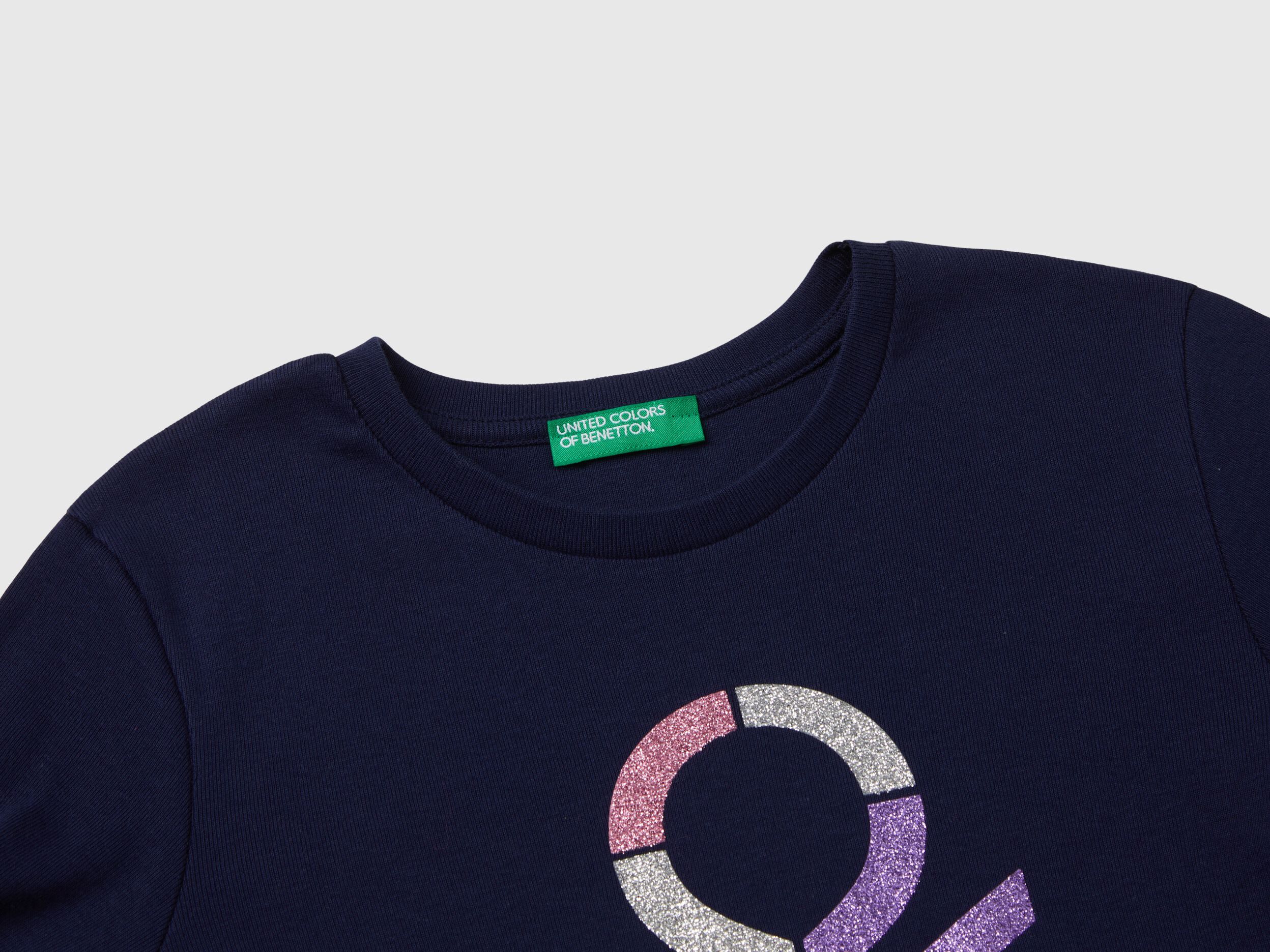 Long sleeve t shirt with glittery print Dark Blue Benetton