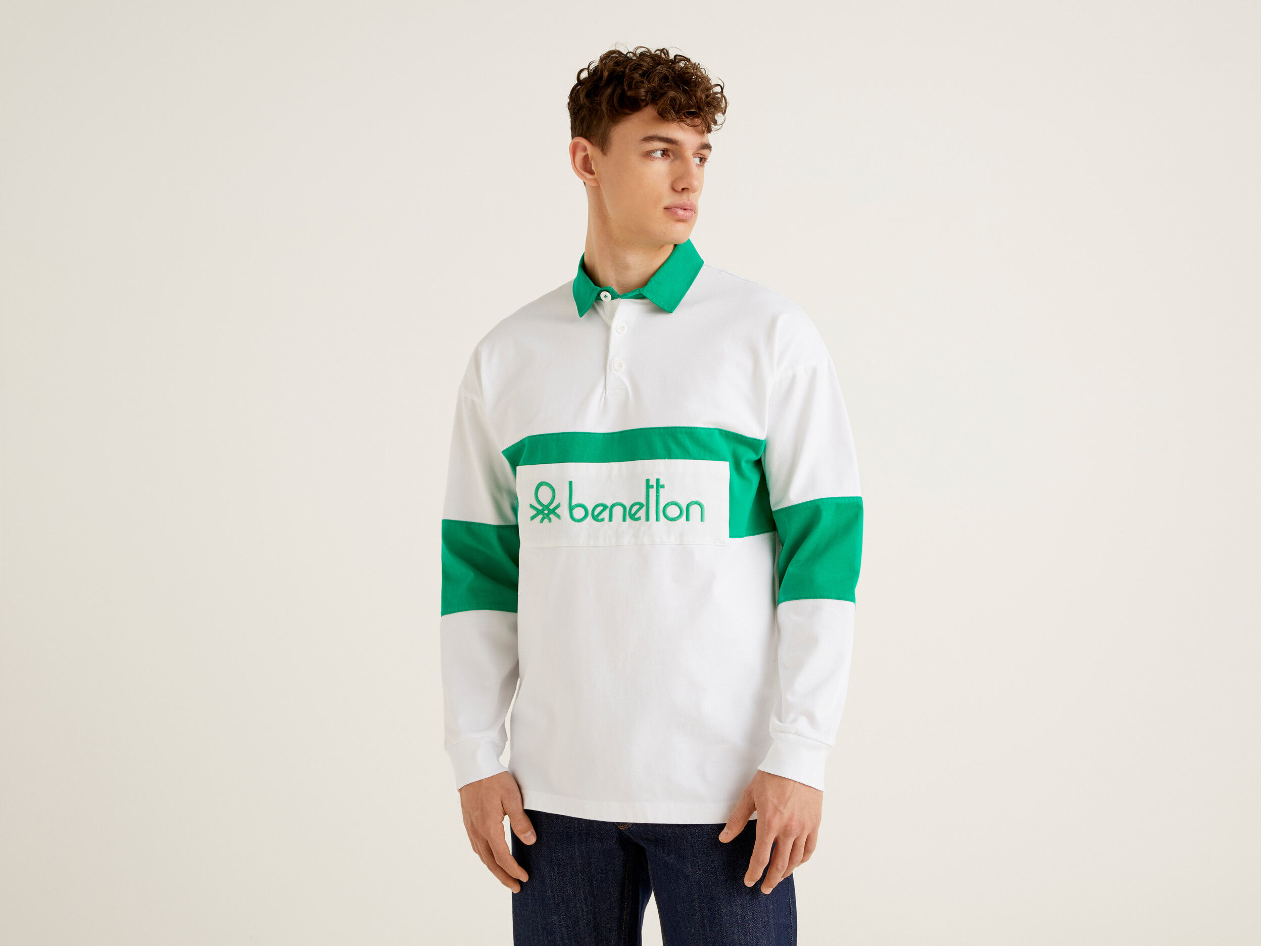 Rugby polo in organic cotton Green Benetton