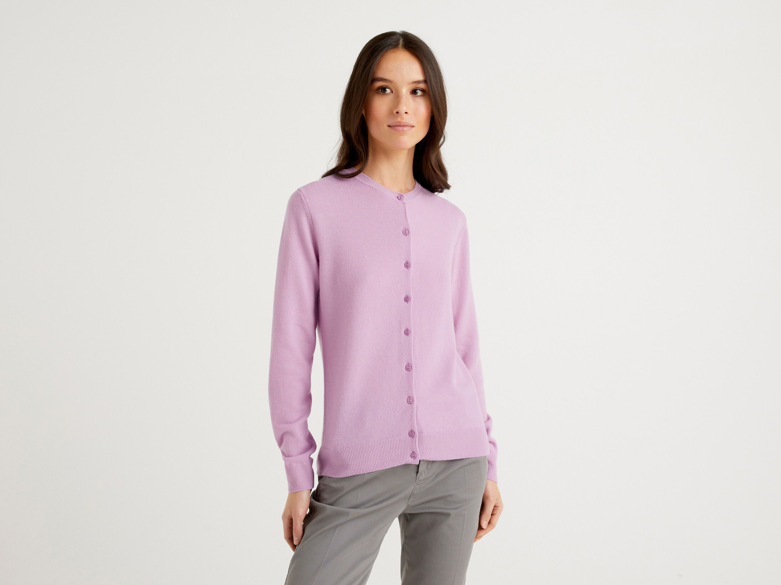 Lilac crew neck cardigan in pure Merino wool Lilac Benetton