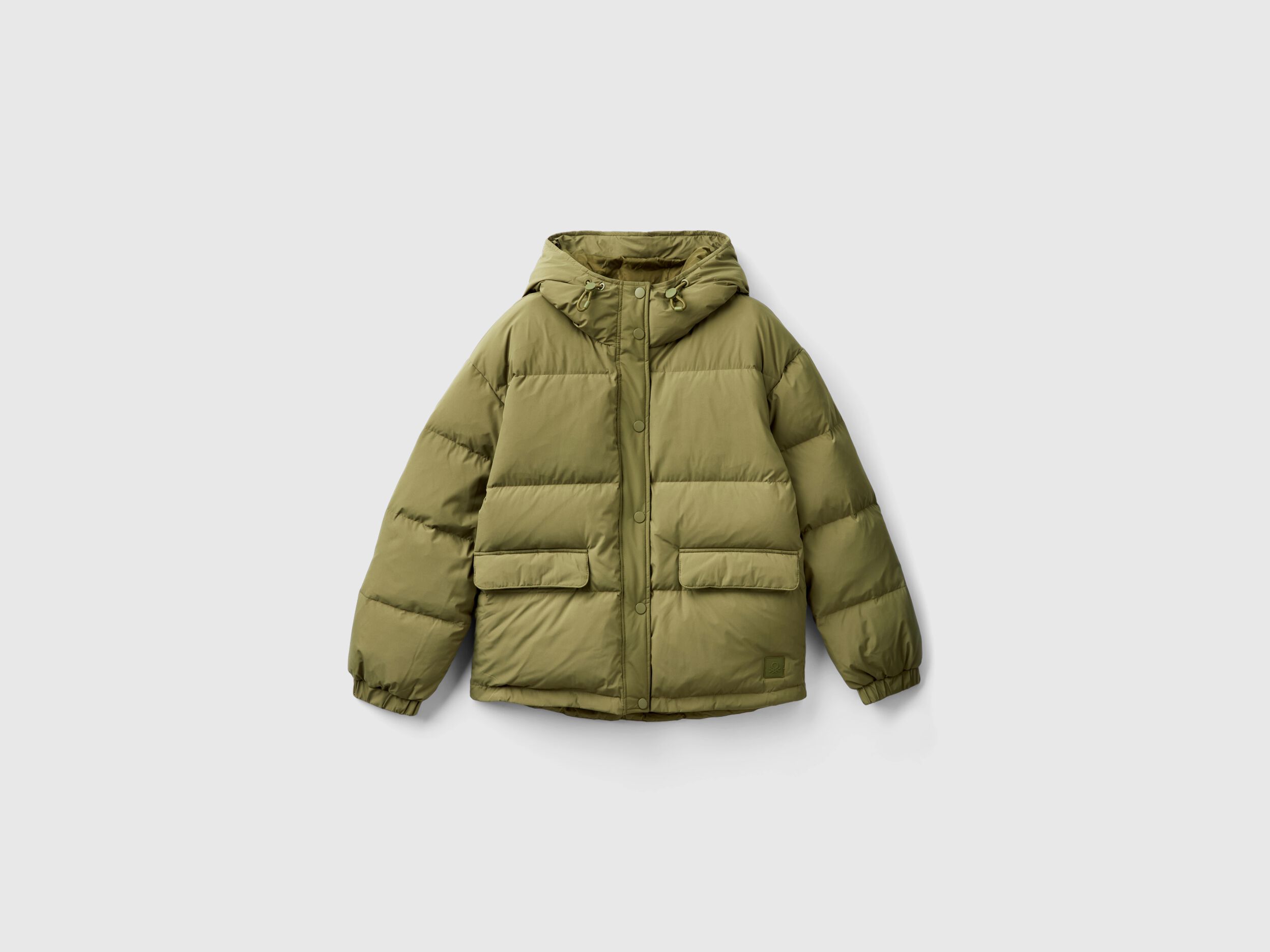 Short puffer jacket padded with recycled feathers Military Green Benetton