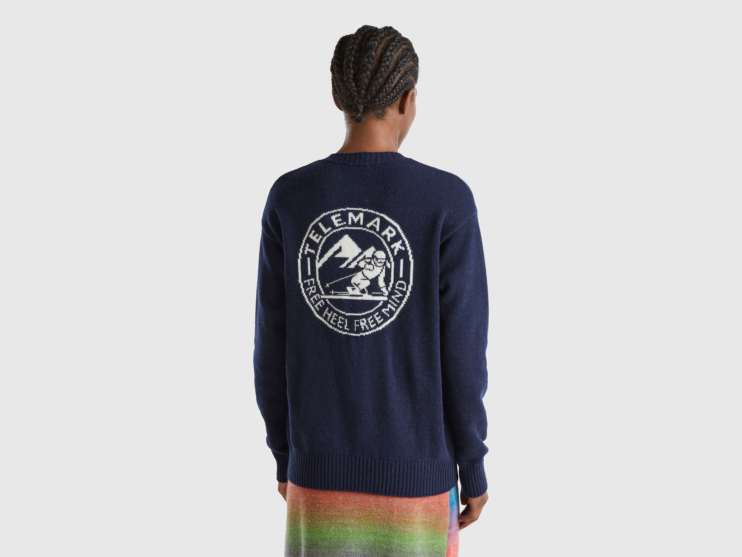 Wool blend sweater with ski graphic - Dark Blue | Benetton