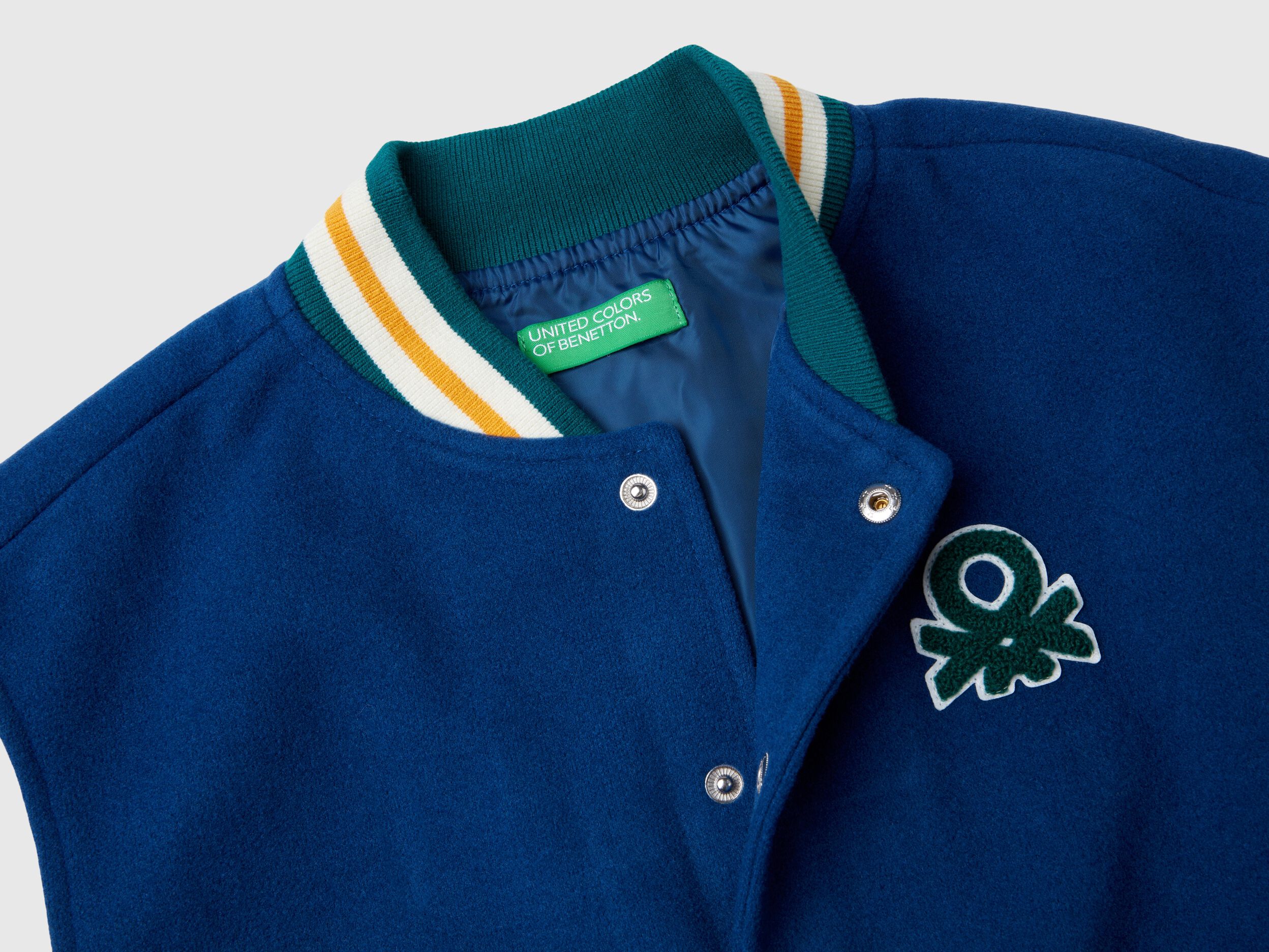 Bomber jacket in wool blend with back embroidery - Blue | Benetton