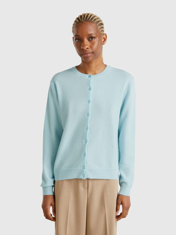 Turquoise crew neck cardigan in pure Merino wool Women