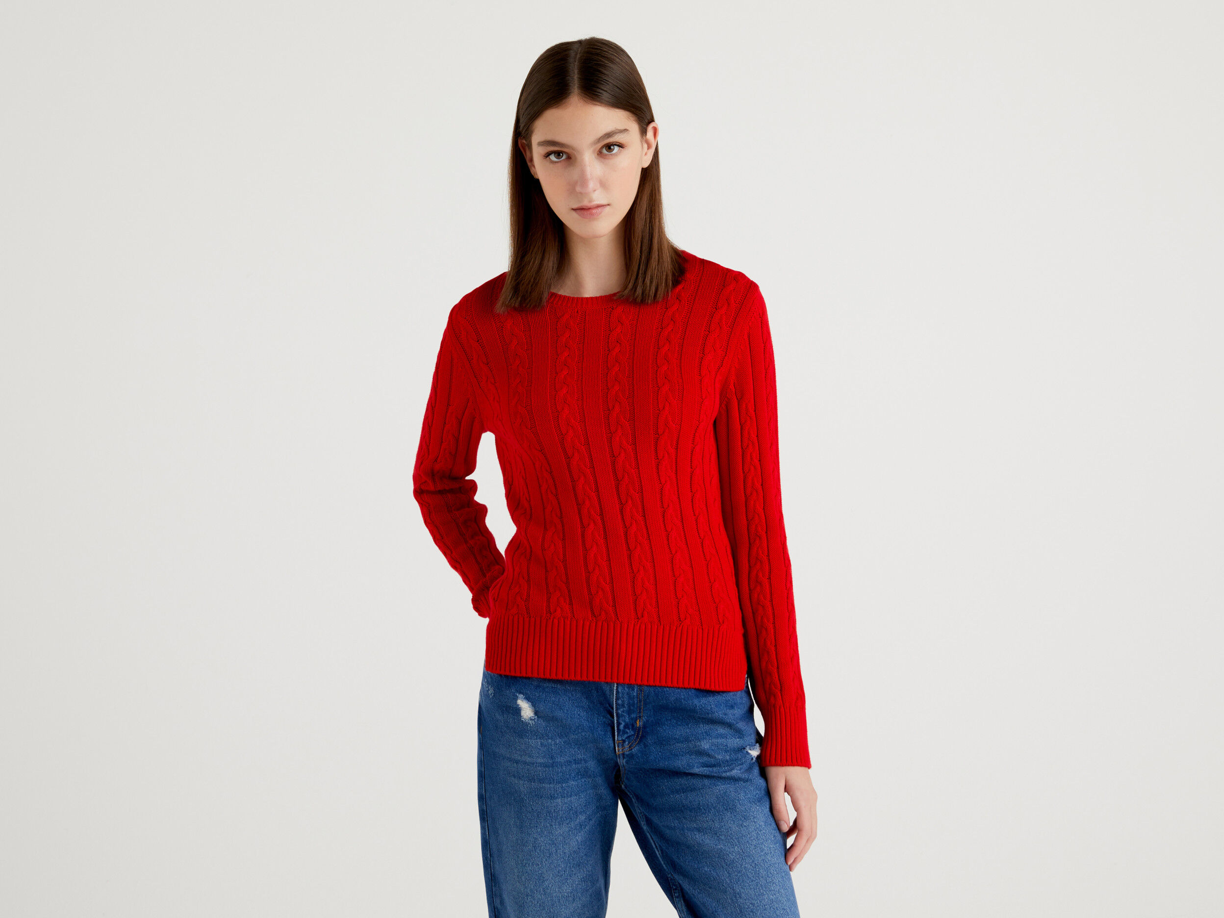 Red cotton cable knit sweater clearance