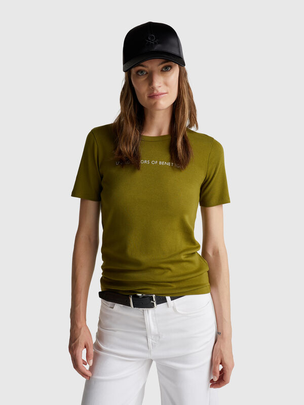 Camiseta 100% algodón con estampado de logotipo con purpurina. Mujer