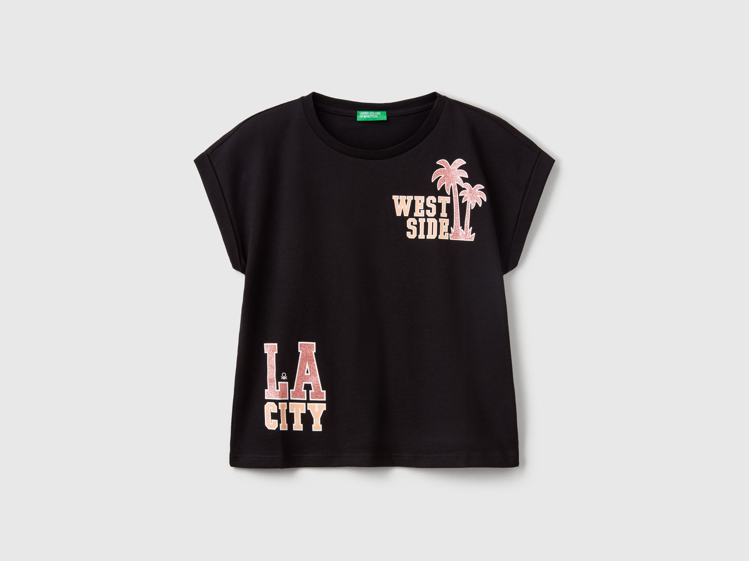Boxy fit t-shirt with print and glitter - Black | Benetton