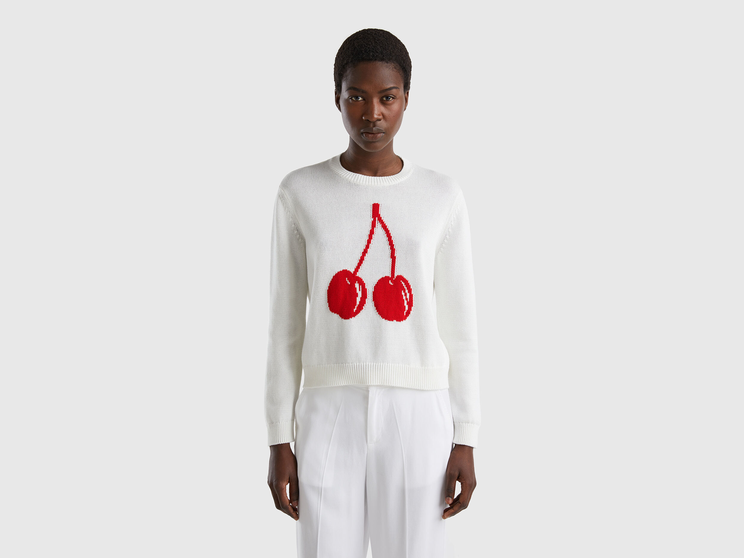 White sweater with new arrivals cherries