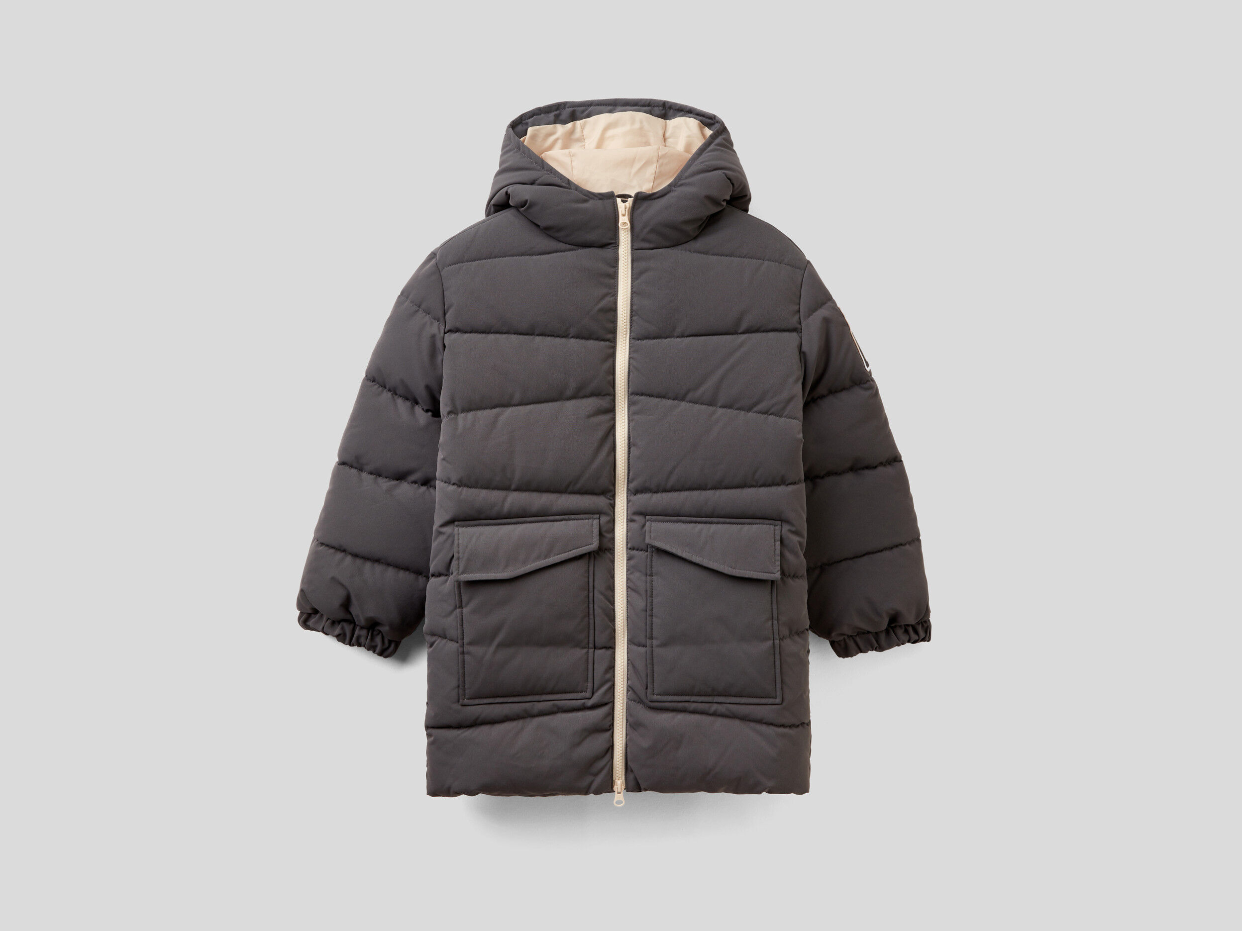 Longline duvet jacket with cheap hood benetton