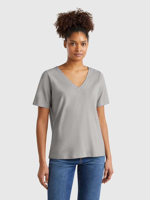 V-neck t-shirt in slub cotton Women