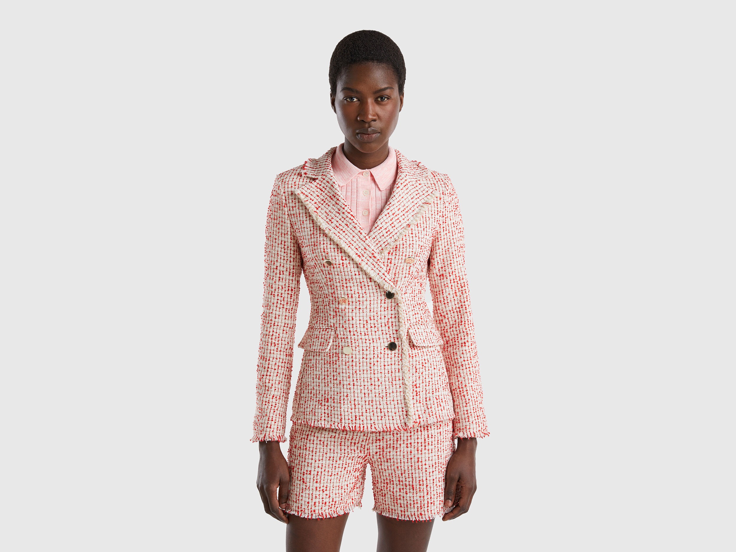 Double breasted blazer in tweed Pink Benetton