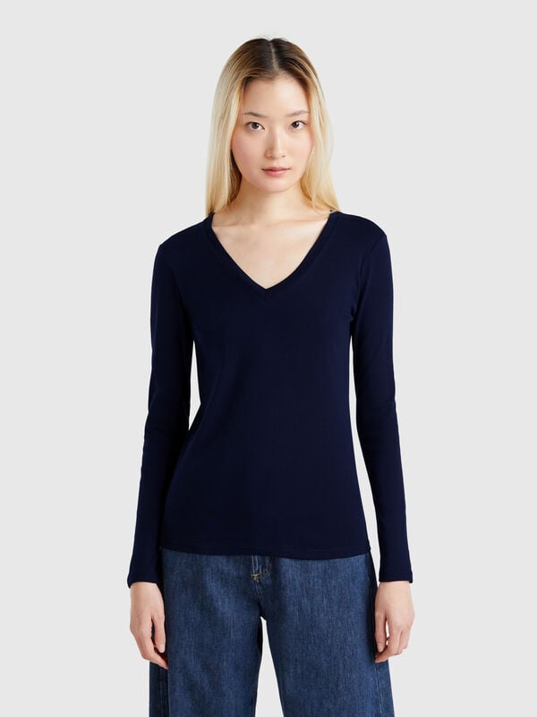 Camiseta de manga larga con cuello en V Mujer