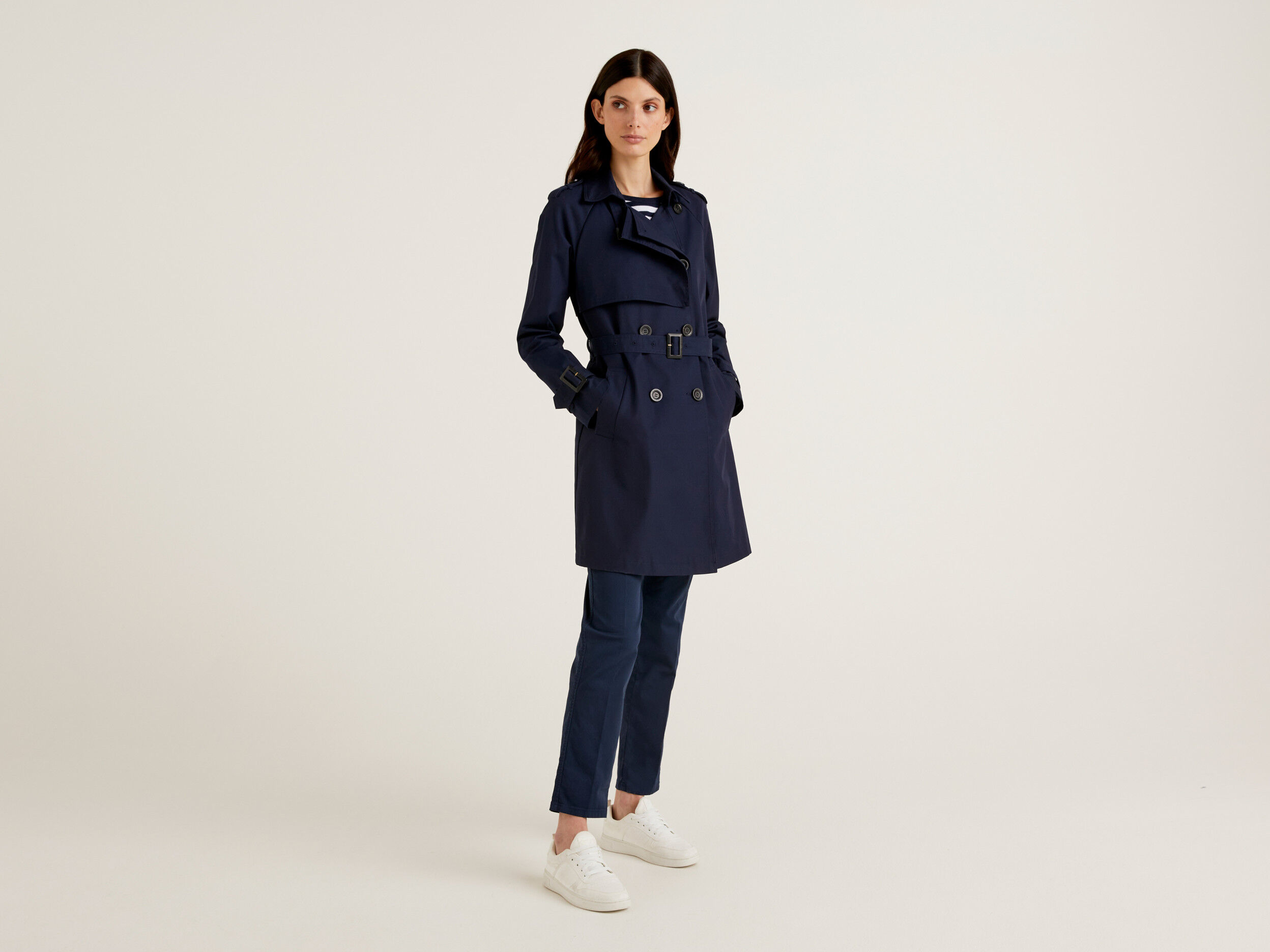Double breasted cotton trench coat Dark Blue Benetton