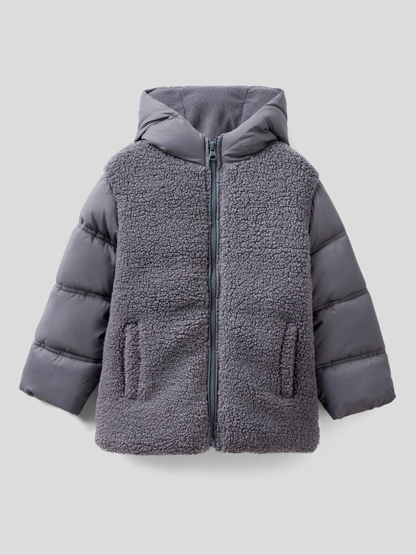Baby Boy Jacket & Sweater, Classic Puffer, White & Blue Fur