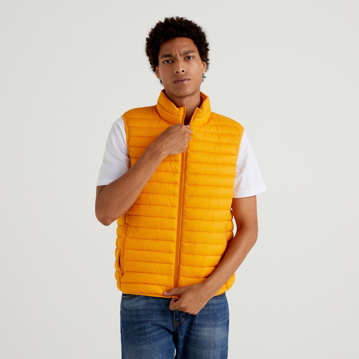 Yellow sleeveless puffer best sale jacket