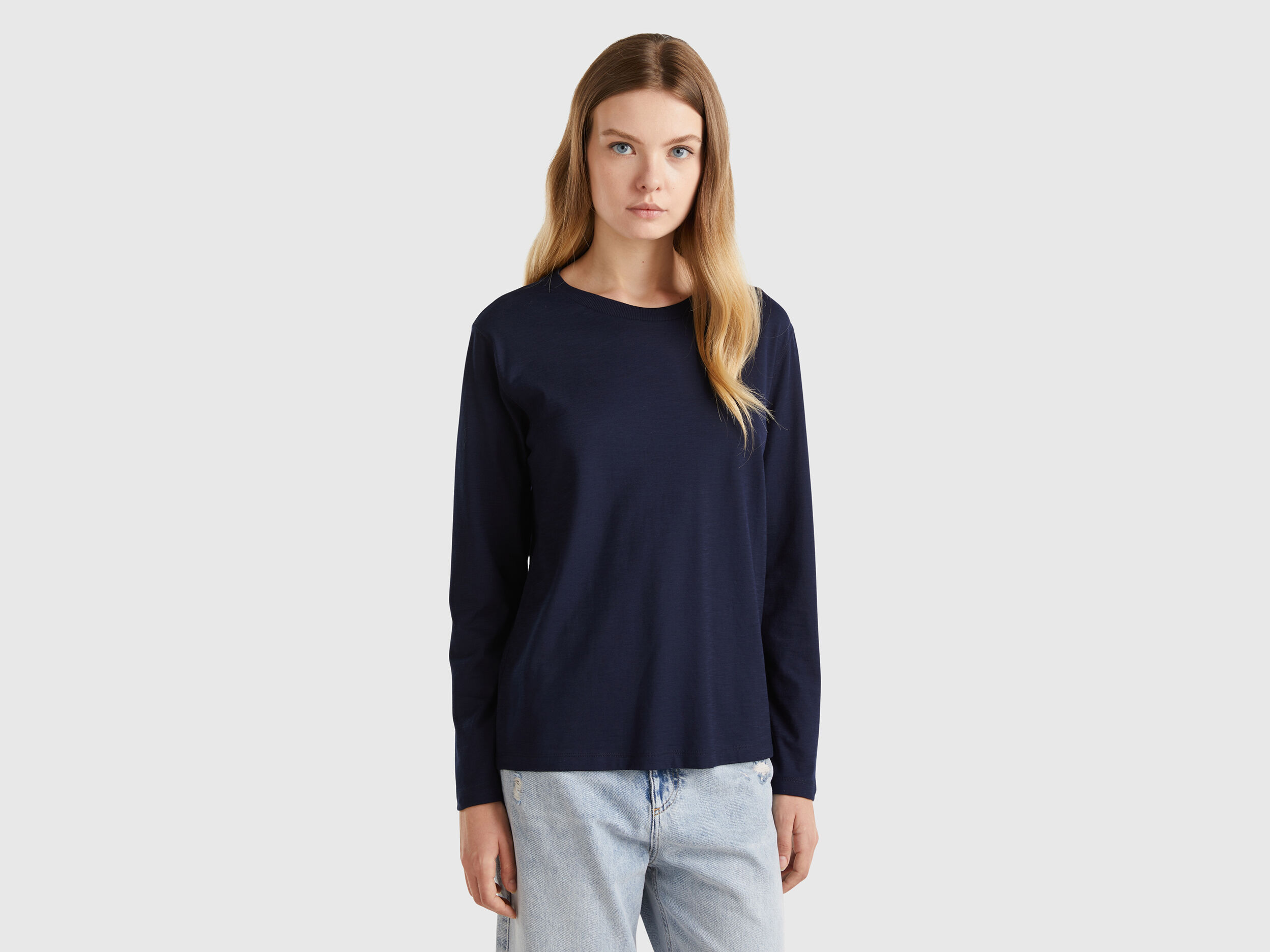 Sweater with perforated sleeve - Blue | Benetton Sweater with perforated sleeve - Blue | Benetton
