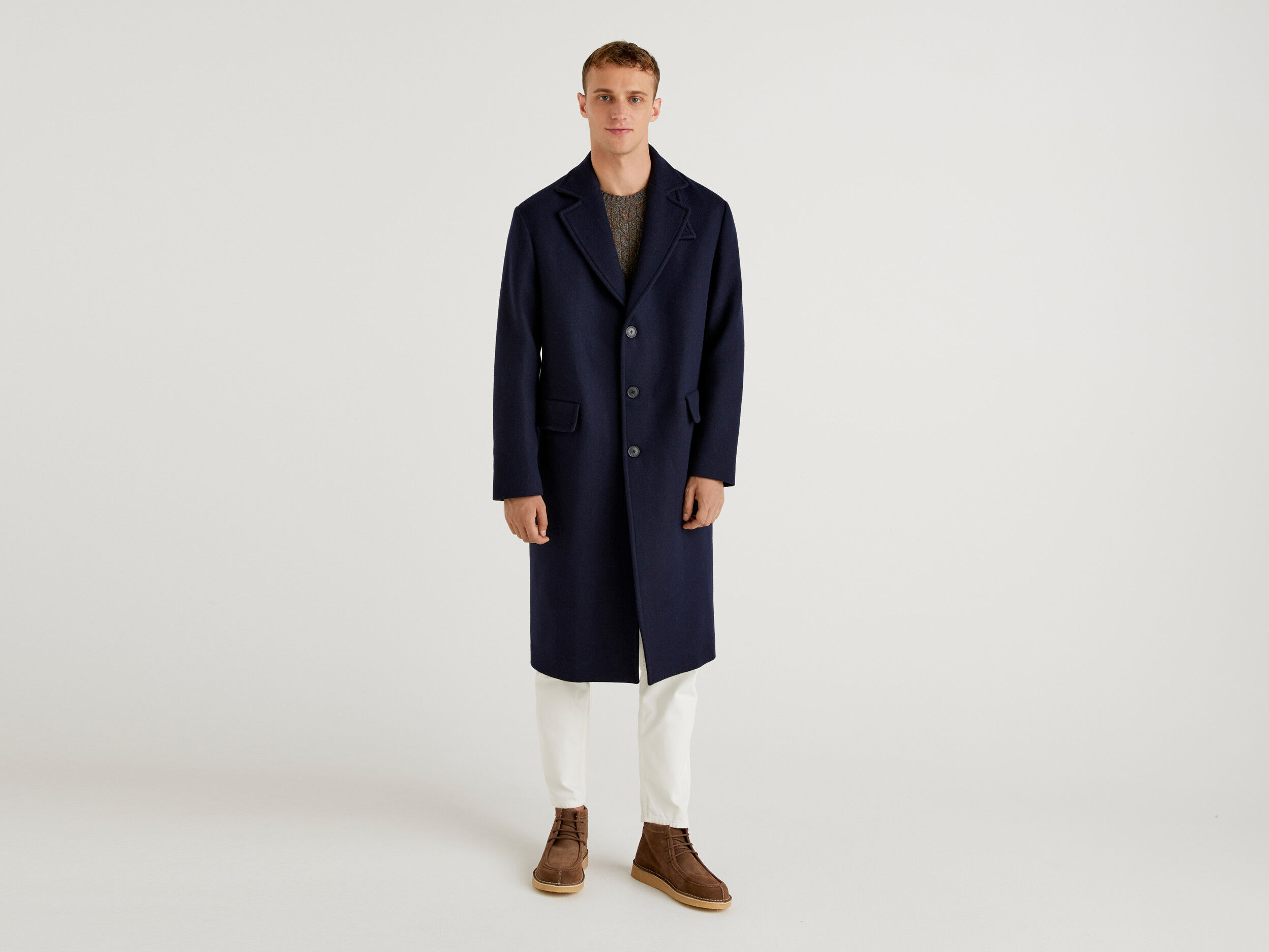 Long coat in wool blend - Dark Blue | Benetton