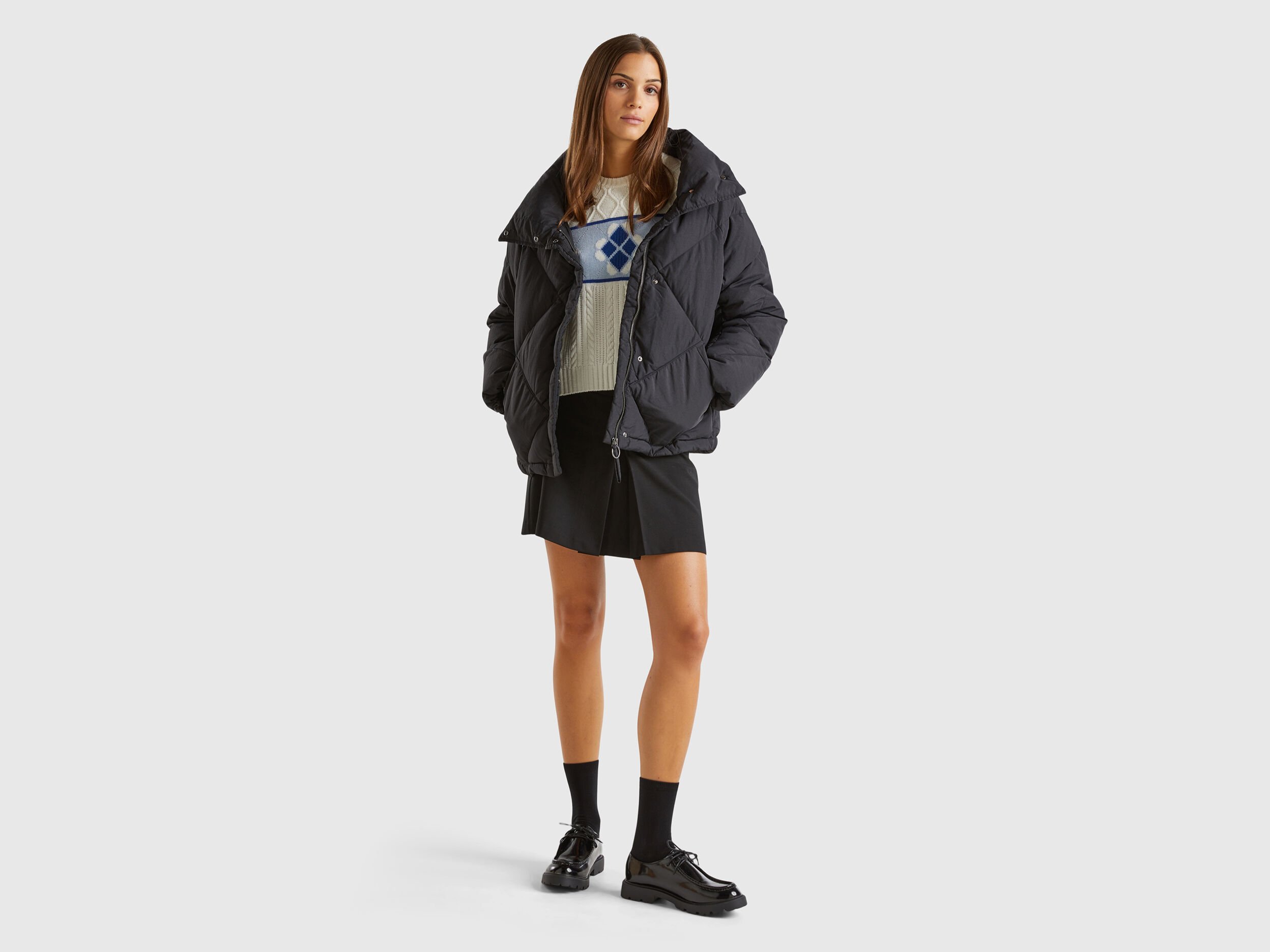 Grey and black tweed down jacket